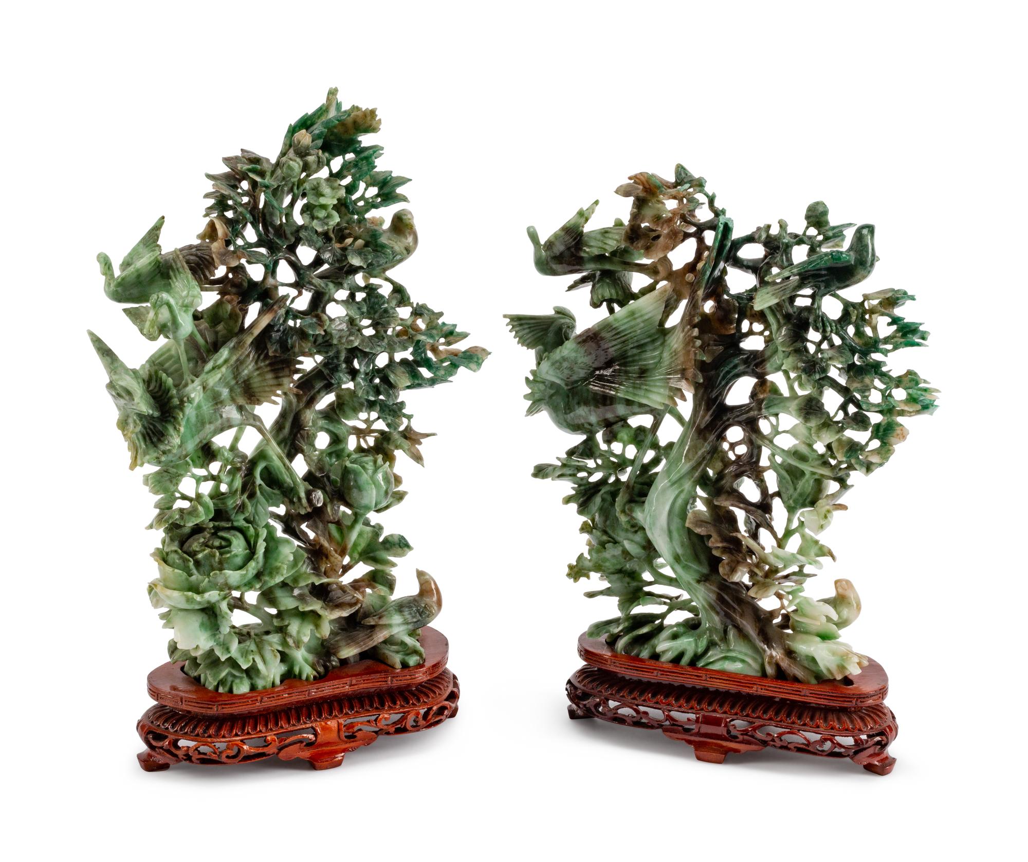 A Pair of Chinese Pierce-Carved Hardstone Models of Birds in Branches