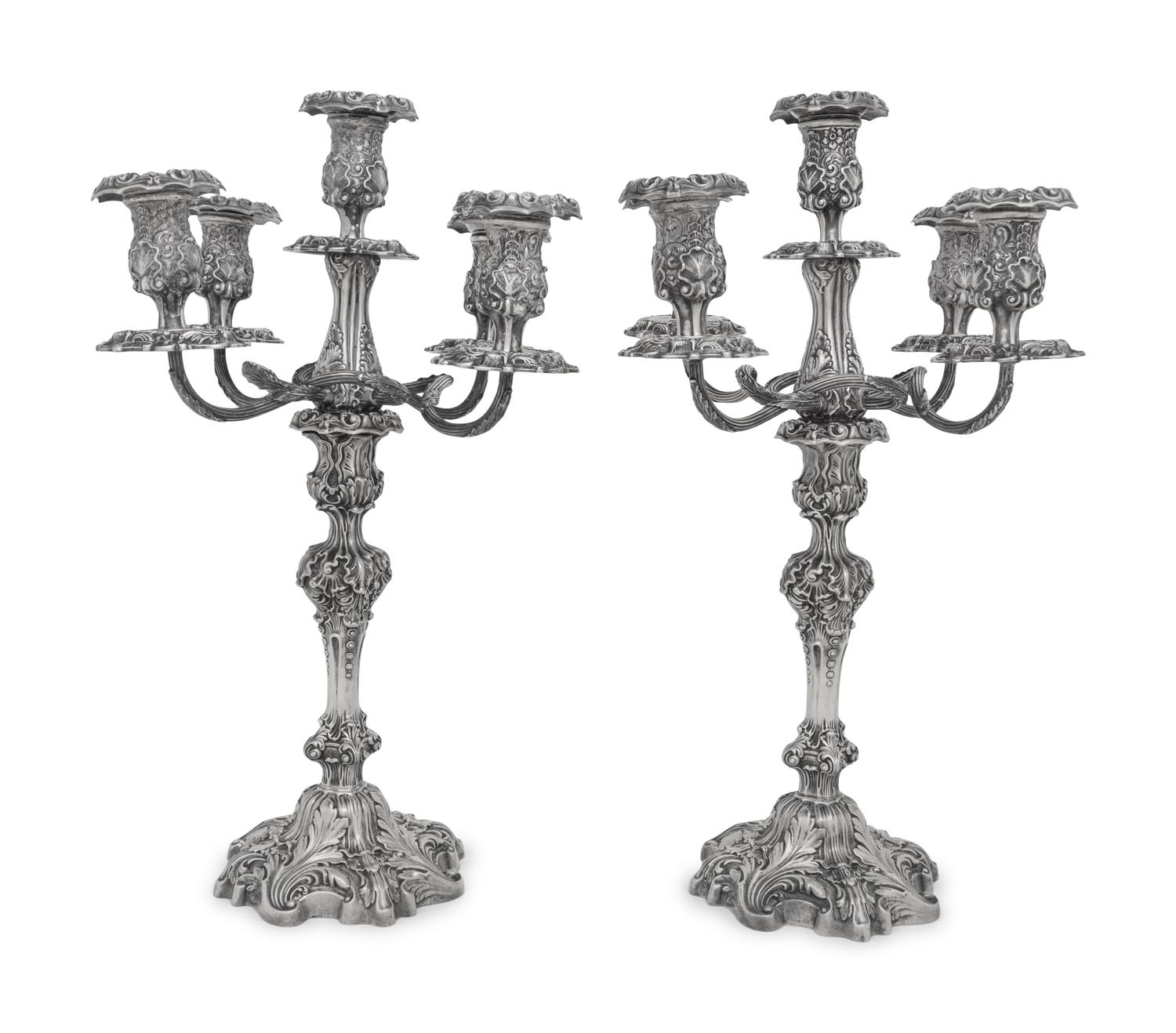 A Pair of American Silver Rococo Revival Five-Light Candelabra