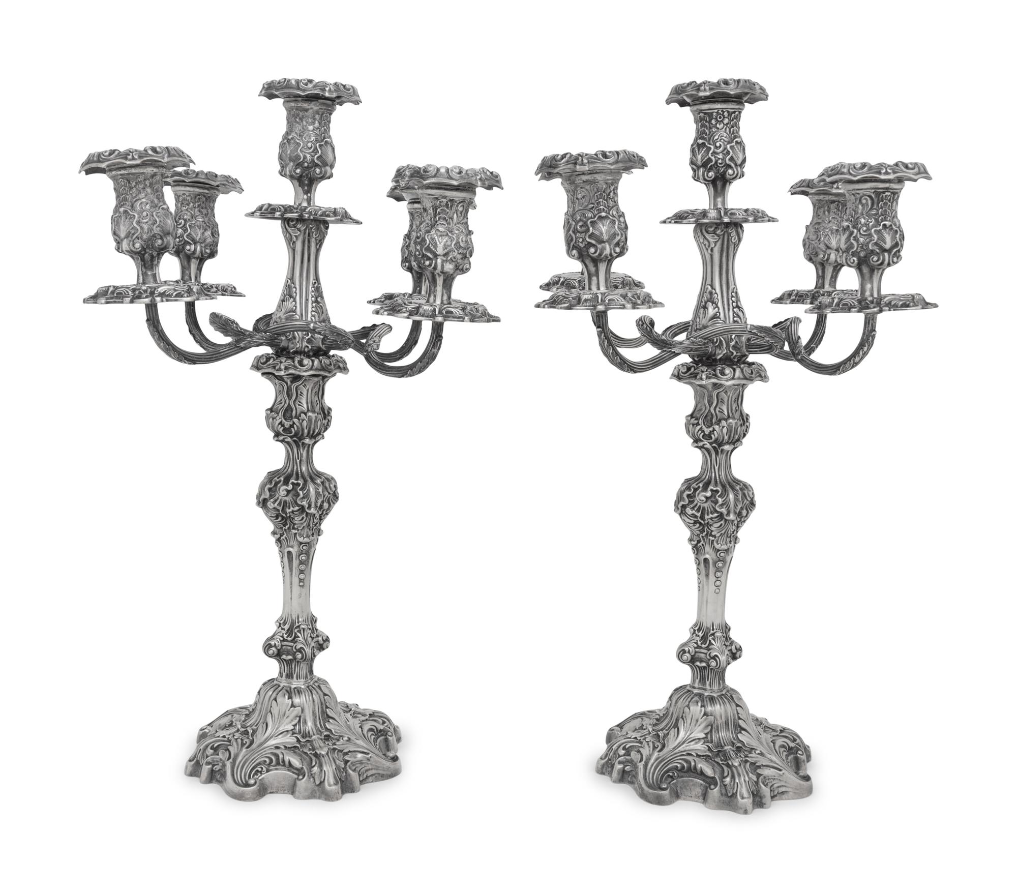A Pair of American Silver Rococo Revival Five-Light Candelabra
