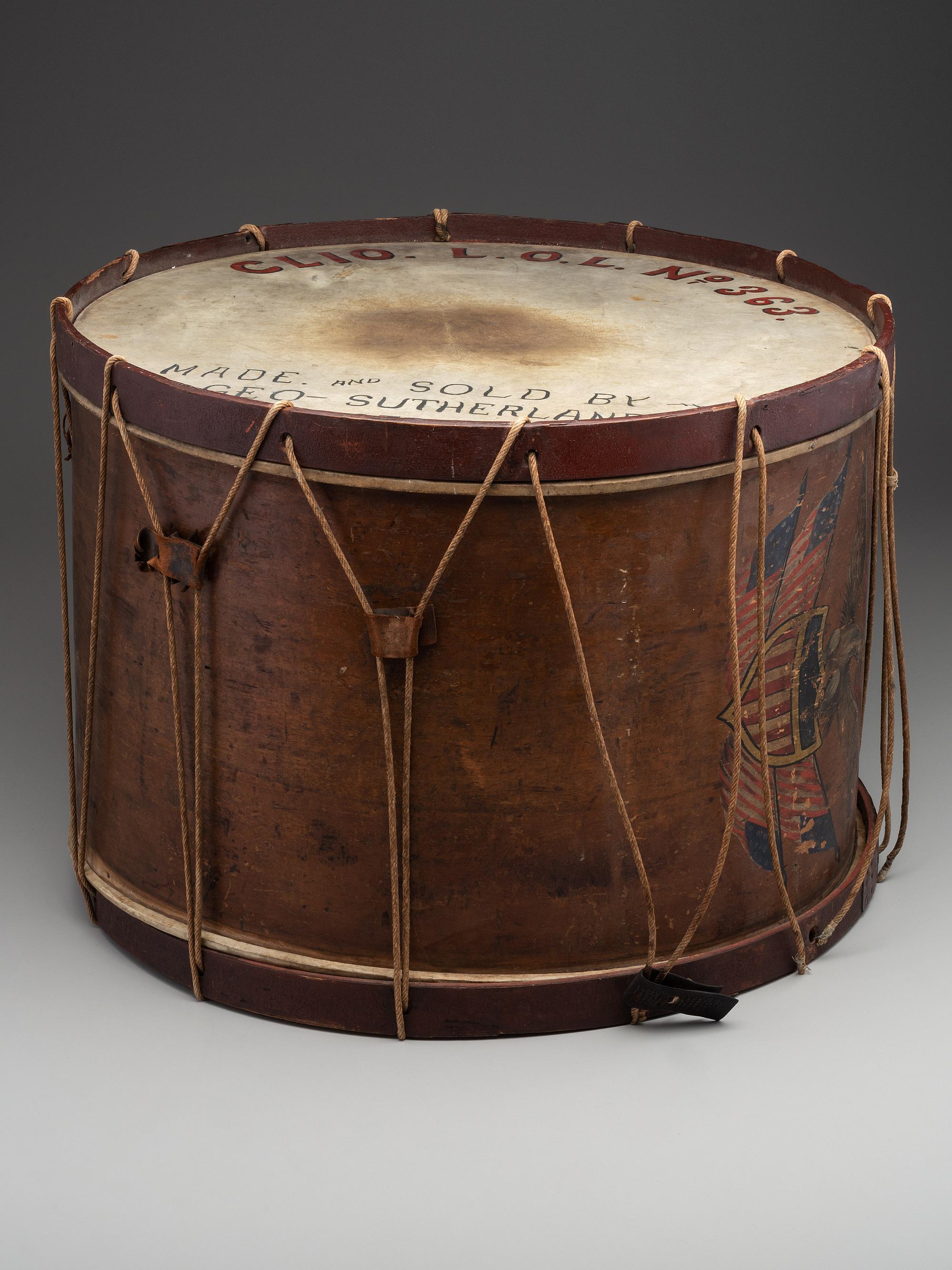 [CIVIL WAR]. Painted bass drum. Manufactured by George G. Sutherland, Argentine, [MI], 1861.