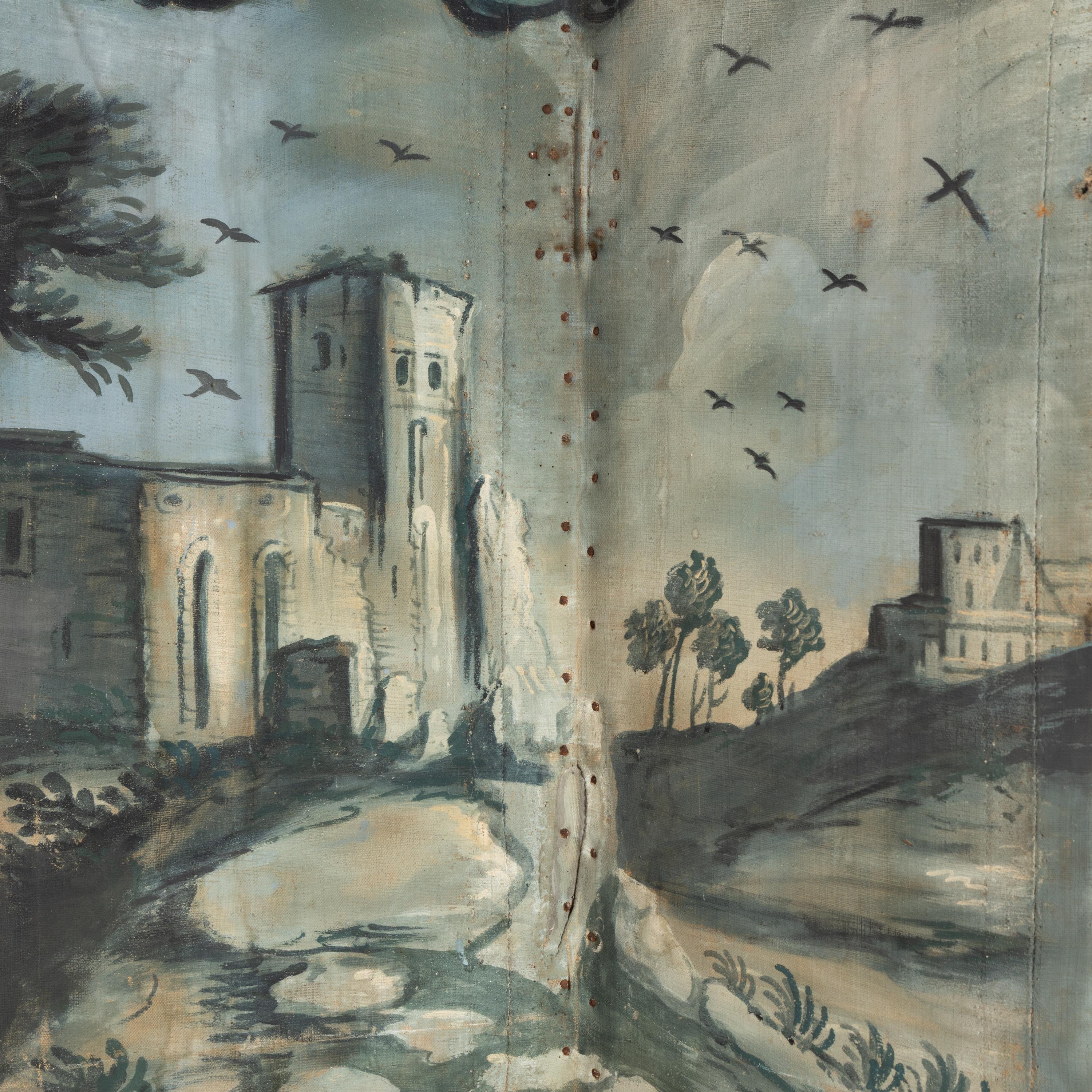 A Continental Painted Canvas Five-Panel Floor Screen