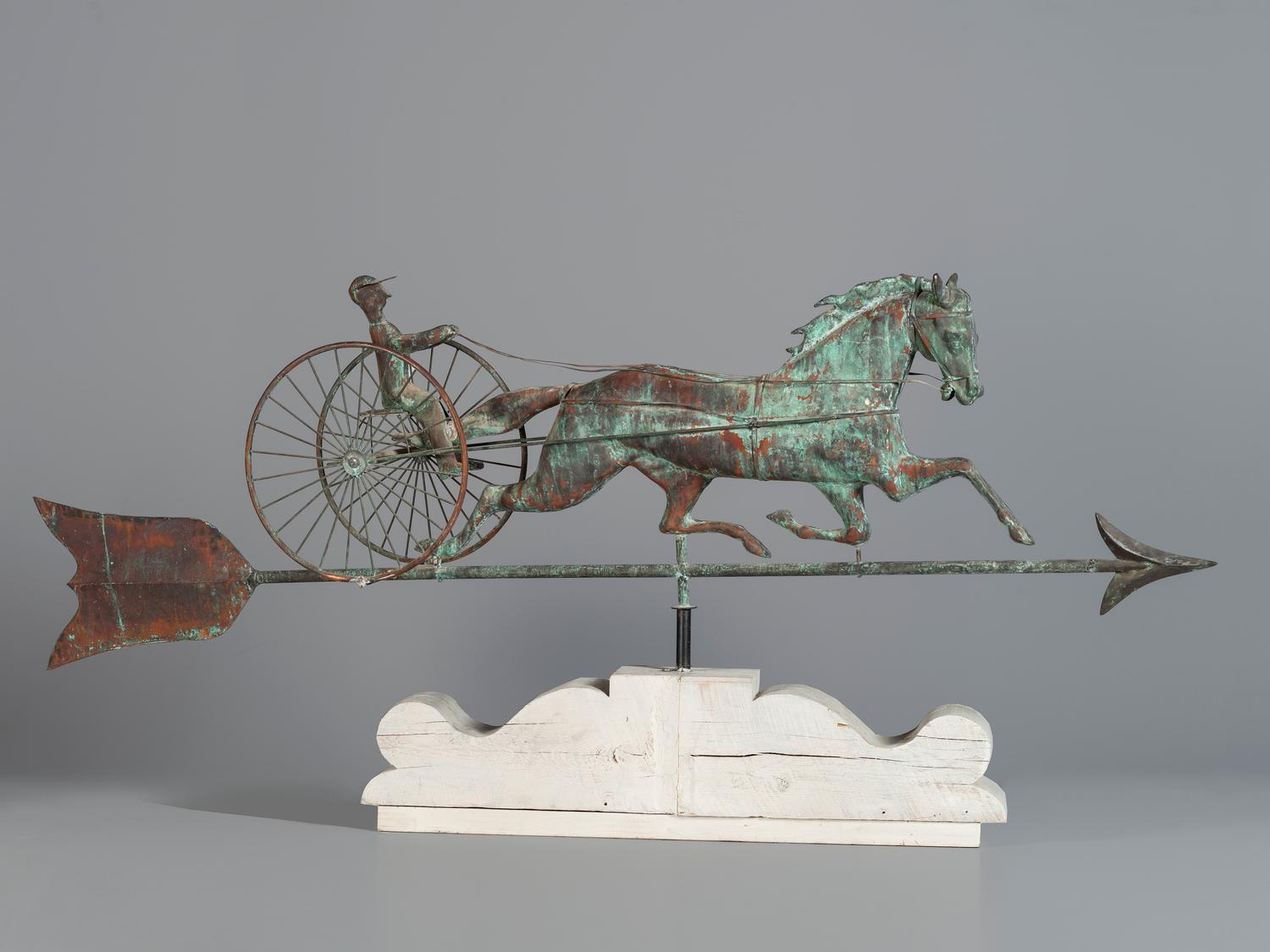 A Molded Copper and Cast Zinc Trotting Horse and Sulky Weathervane