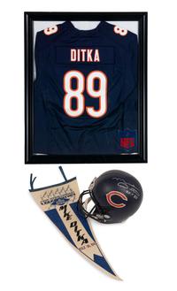 An Large Group of Mike Ditka Signed Autograph Items Featuring a Full Size Helmet, Framed Jersey and HOF Pennant