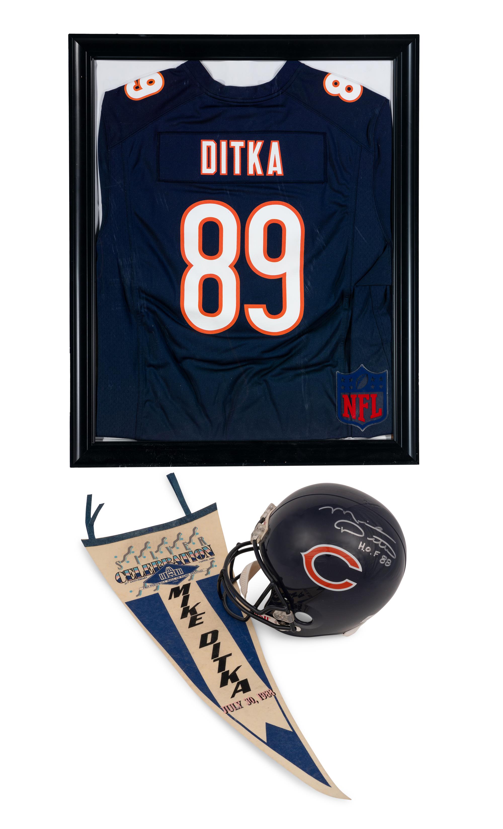 An Large Group of Mike Ditka Signed Autograph Items Featuring a Full Size Helmet, Framed Jersey and HOF Pennant