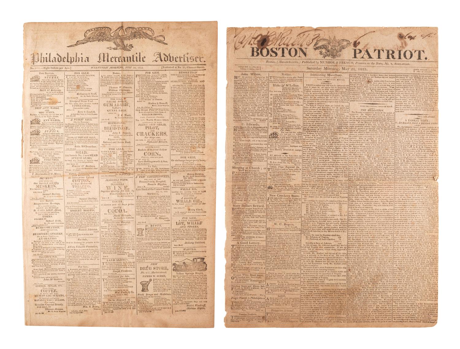 [WAR OF 1812]. A group of 7 newspapers printed before and during the War of 1812-period, incl. reports on the military, politics, and advertisements for enslaved African Americans.