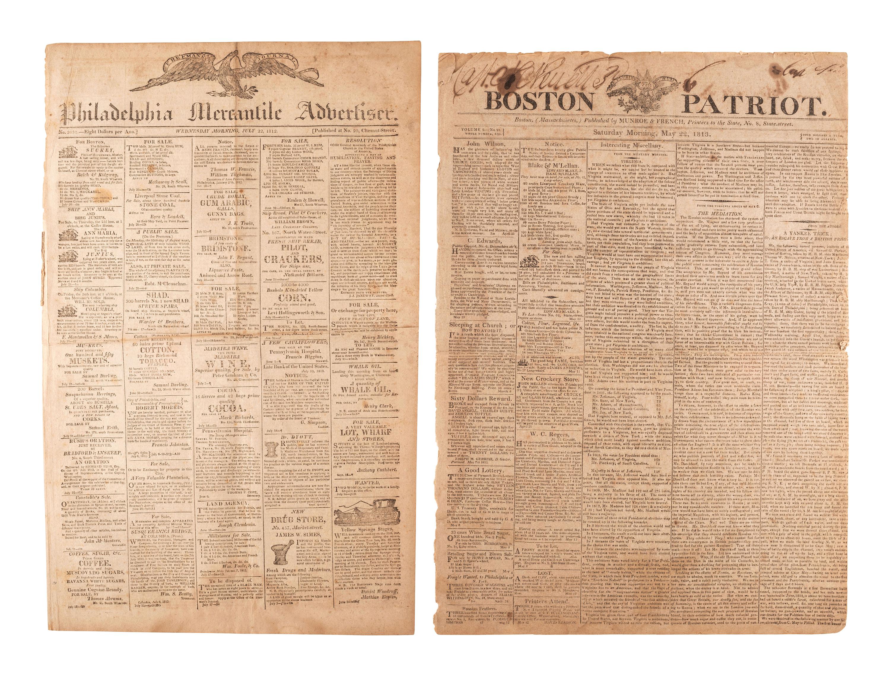 [WAR OF 1812]. A group of 7 newspapers printed before and during the War of 1812-period, incl. reports on the military, politics, and advertisements for enslaved African Americans.