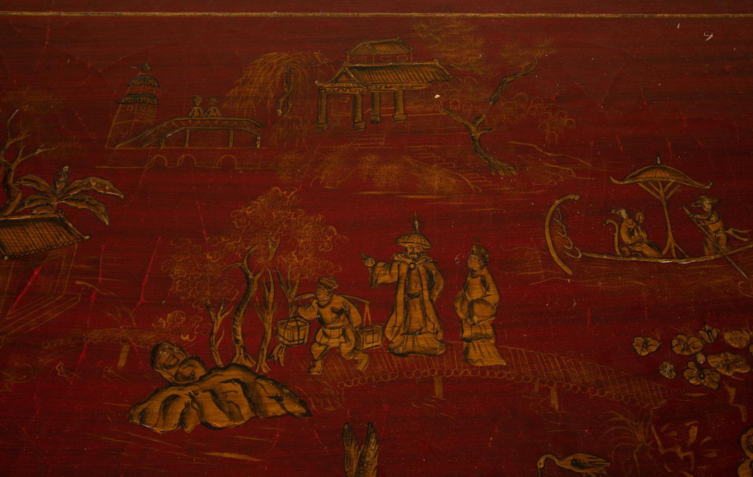 A Regency Style Red and Gilt Lacquer Demi-lune Commode — 20TH CENTURY