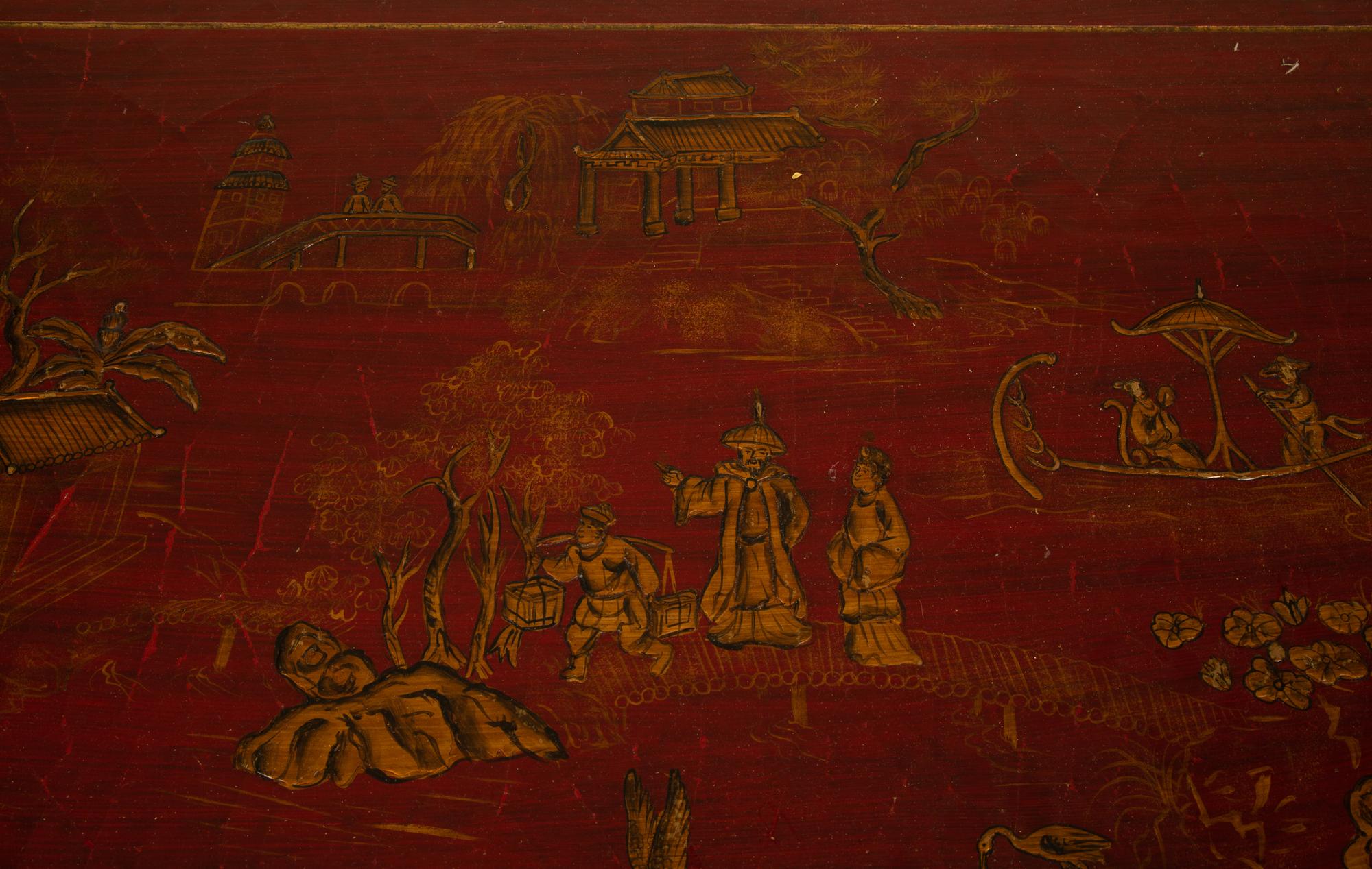 A Regency Style Red and Gilt Lacquer Demi-lune Commode — 20TH CENTURY