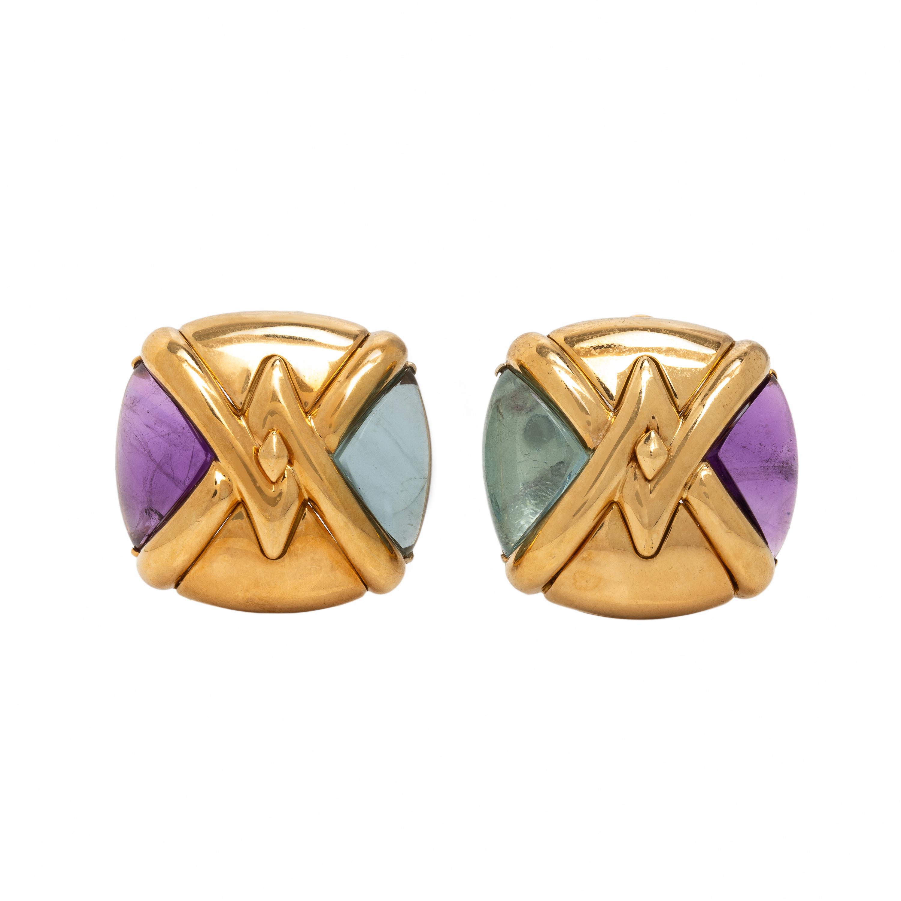 Bulgari, Amethyst, Aquamarine, and Yellow Gold Earrings