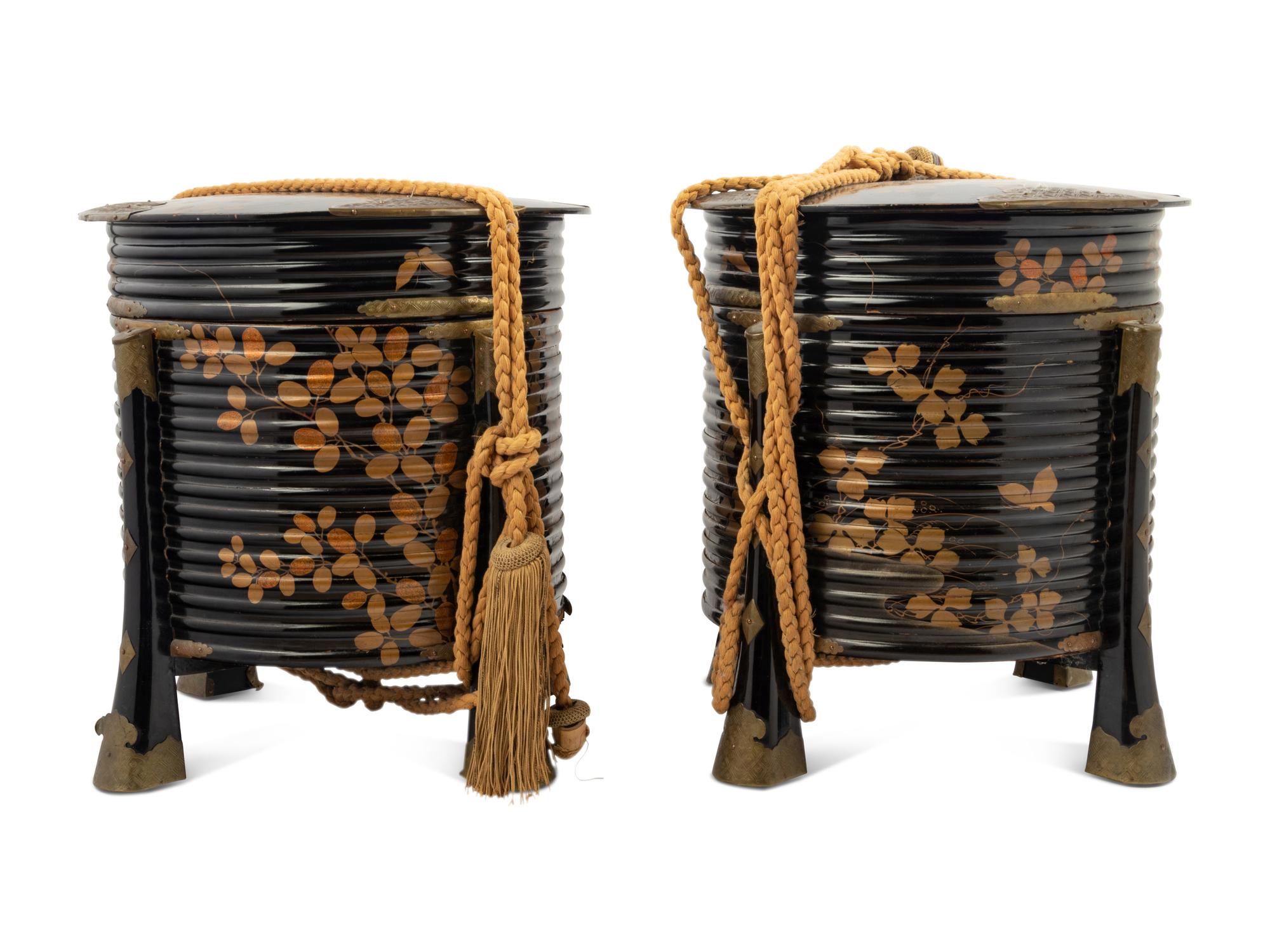 A Pair of Japanese Brass Mounted Gold and Black Lacquer Storage Boxes, Karabitsu