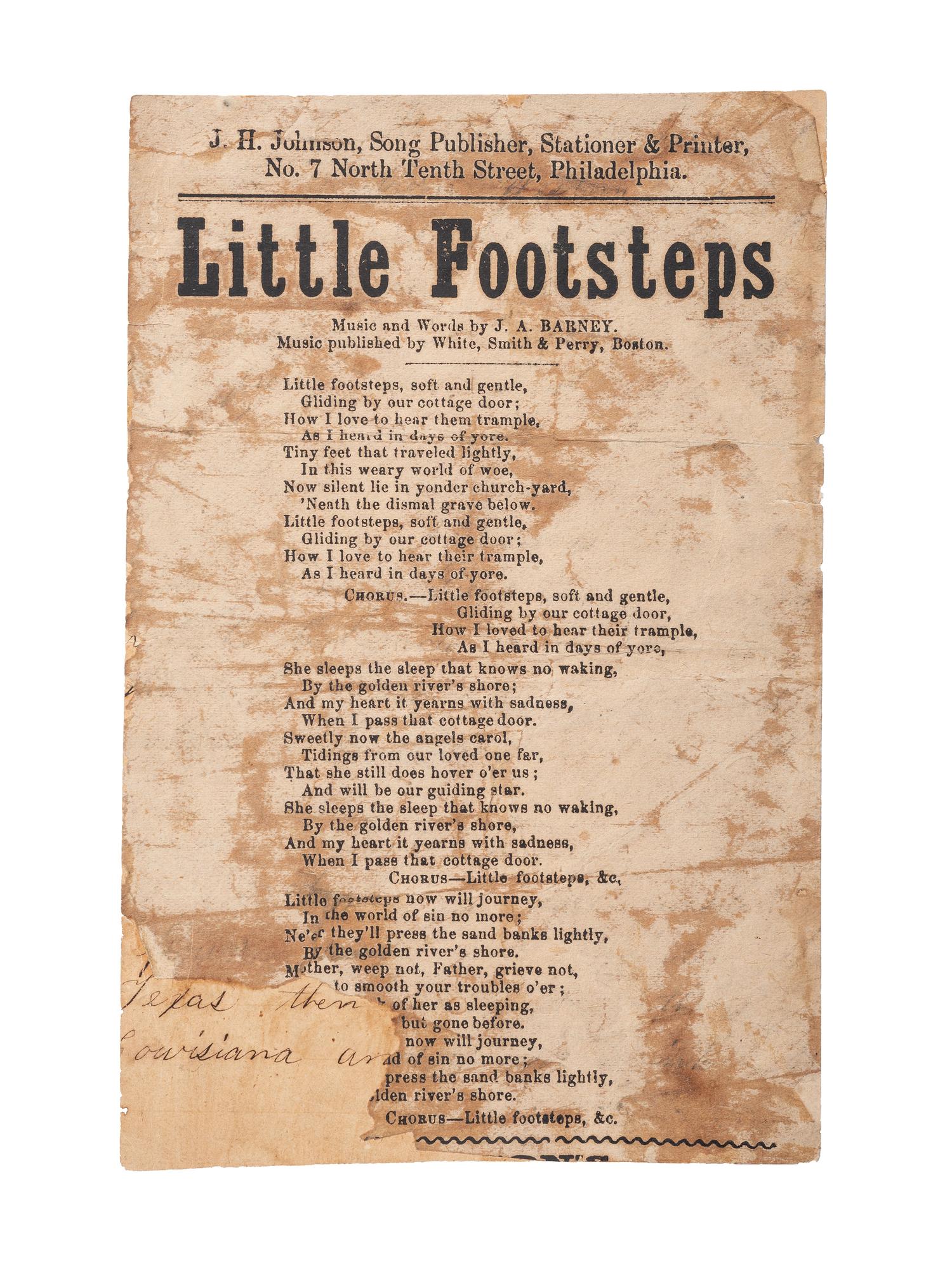 [SLAVERY & ABOLITION]. A group of 2 Civil War-period imprints, incl. HARRIGAN, E. Cruel Slavery Days . Broadside songsheet. Philadelphia: Johnson, ca 1860s.