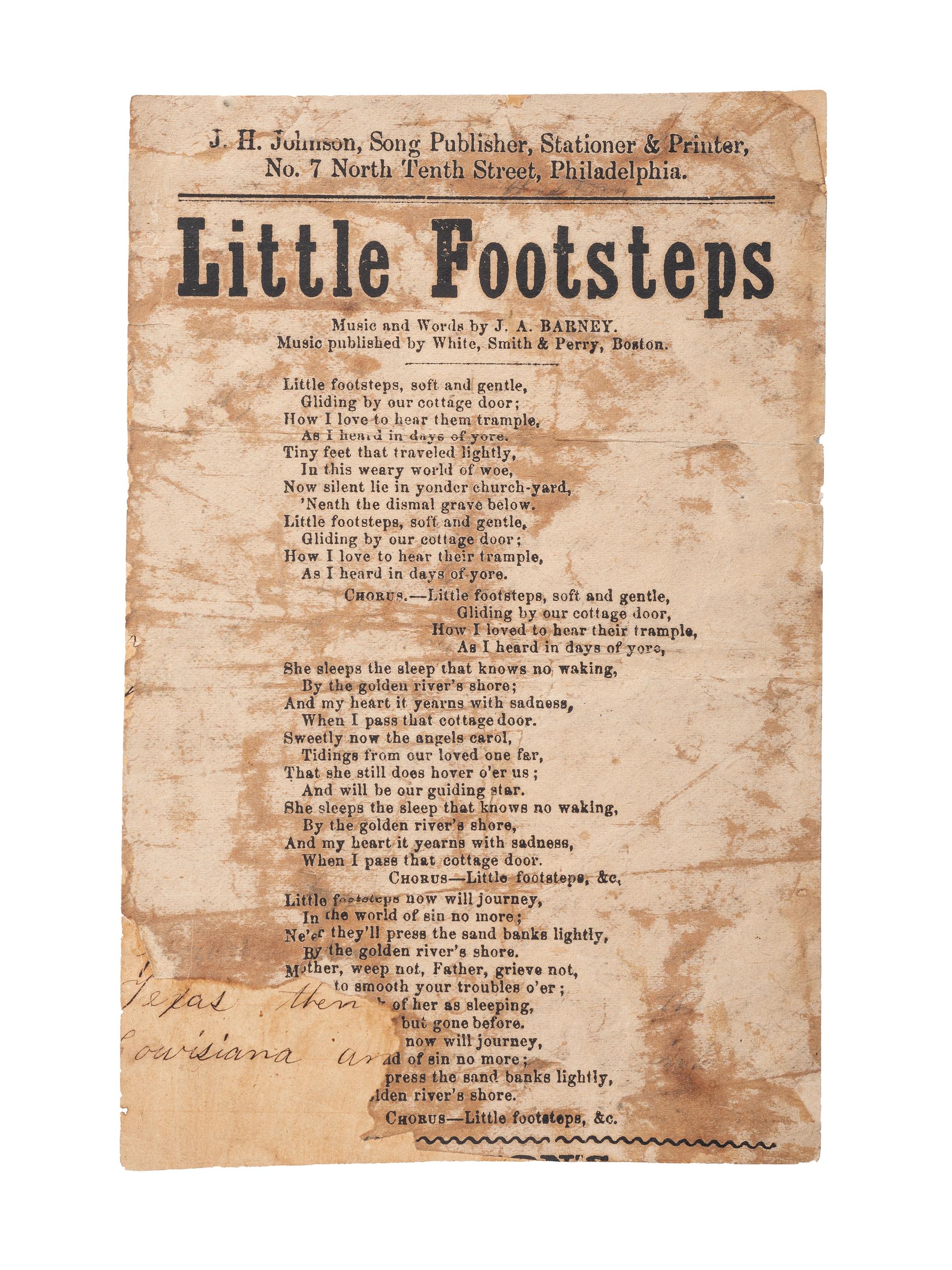 [SLAVERY & ABOLITION]. A group of 2 Civil War-period imprints, incl. HARRIGAN, E. Cruel Slavery Days . Broadside songsheet. Philadelphia: Johnson, ca 1860s.