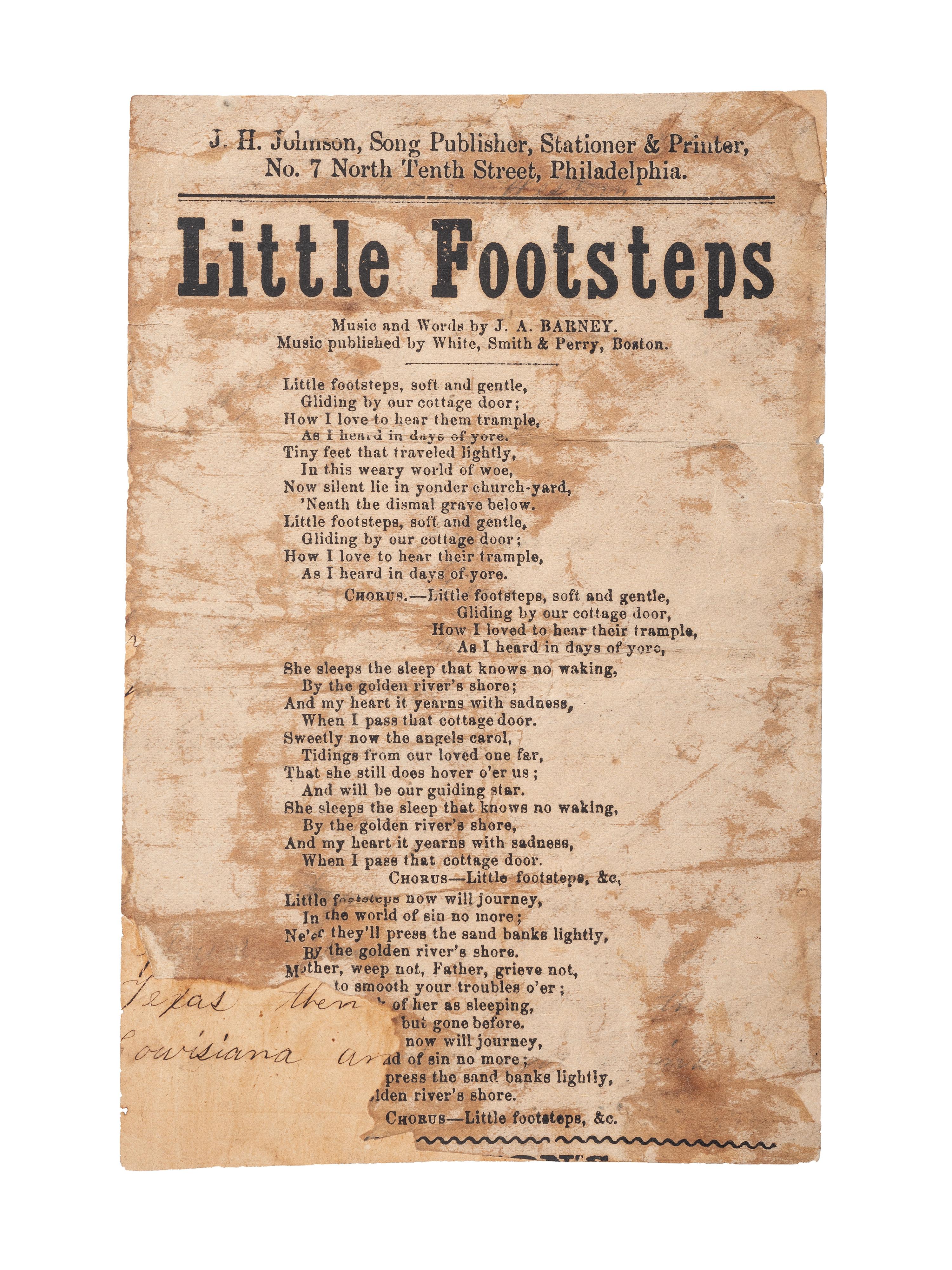 [SLAVERY & ABOLITION]. A group of 2 Civil War-period imprints, incl. HARRIGAN, E. Cruel Slavery Days . Broadside songsheet. Philadelphia: Johnson, ca 1860s.