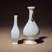Two Chinese White Glazed Porcelain Vases, Qing Dynasty — 清 雙龍耳暗刻龍鳳紋白釉瓶及白釉四方小瓶