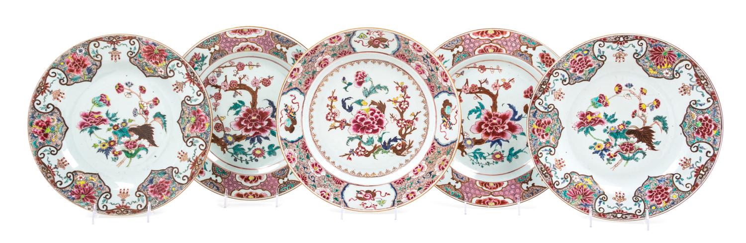 Five Chinese Export Famille Rose Porcelain Plates Diameter 12 5/8 inches. — 18TH CENTURY