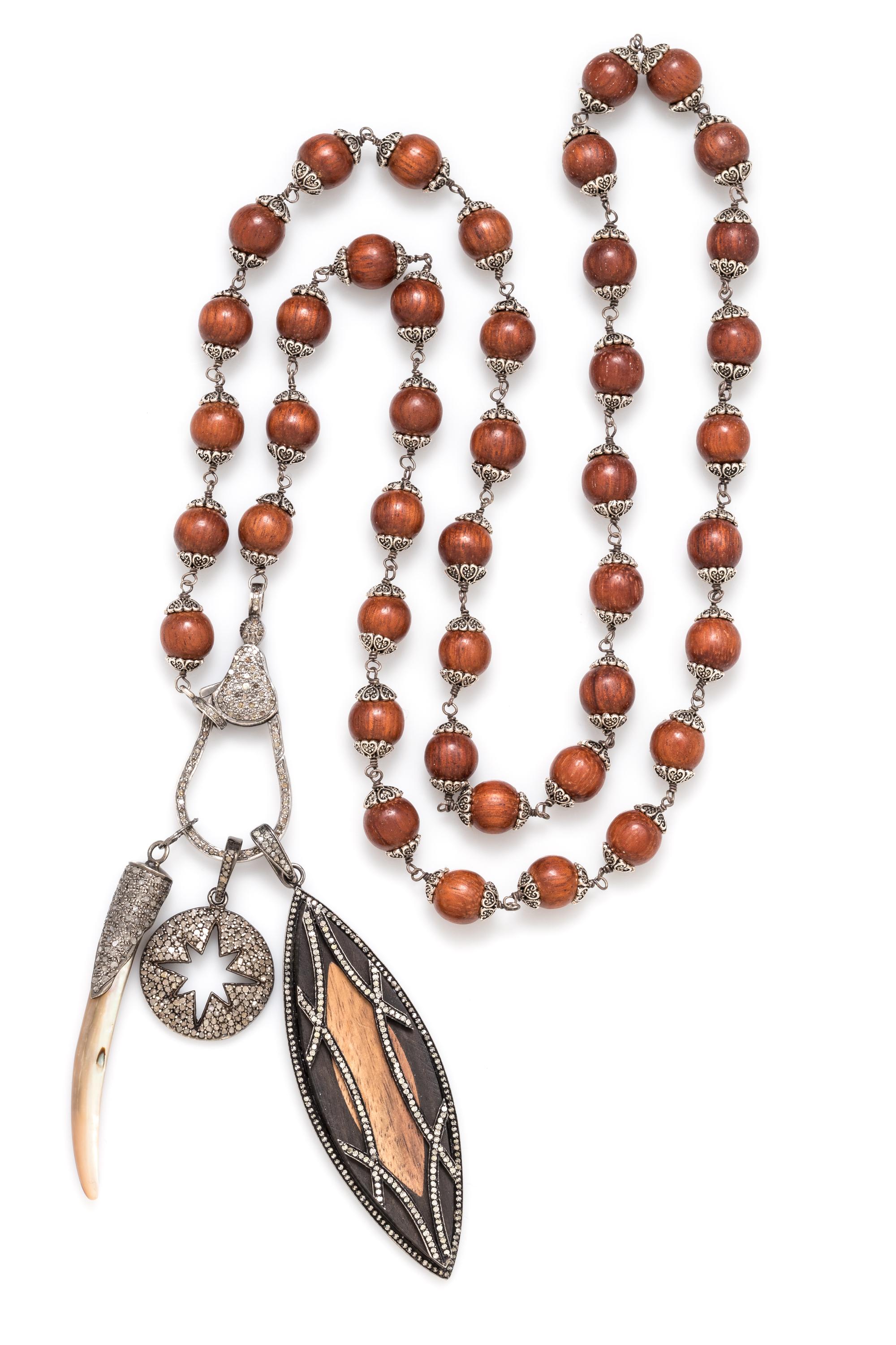 A Sterling Silver, Wood, Mother-of-Pearl and Diamond Pendant/Necklace, 53.25 dwts.