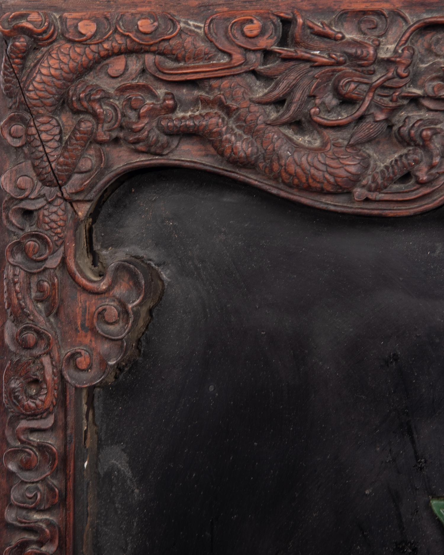 A Chinese Spinach Jade Inset Carved Hardwood Panel
