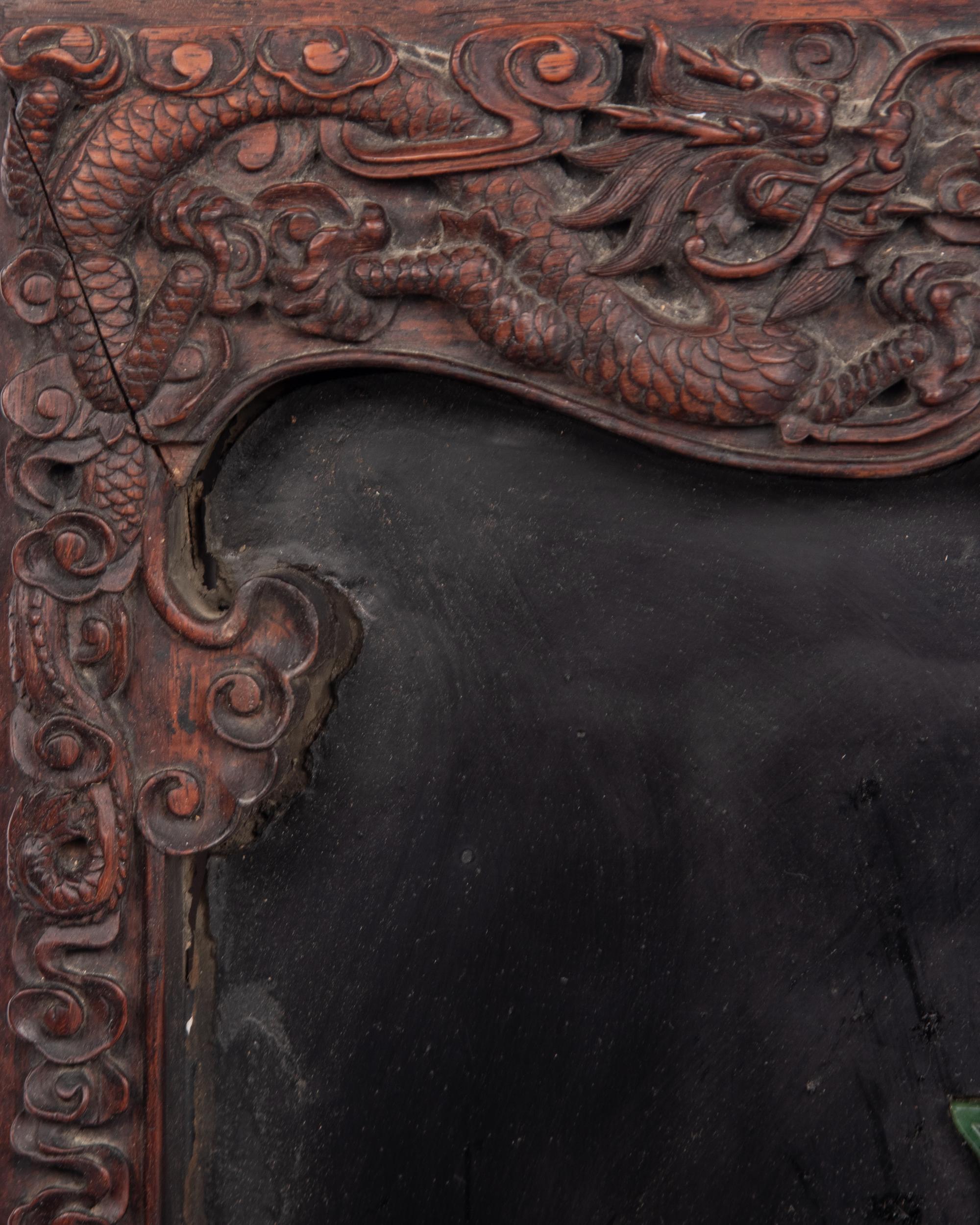 A Chinese Spinach Jade Inset Carved Hardwood Panel