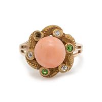 ANGEL SKIN CORAL, DIAMOND AND DEMANTOID GARNET RING