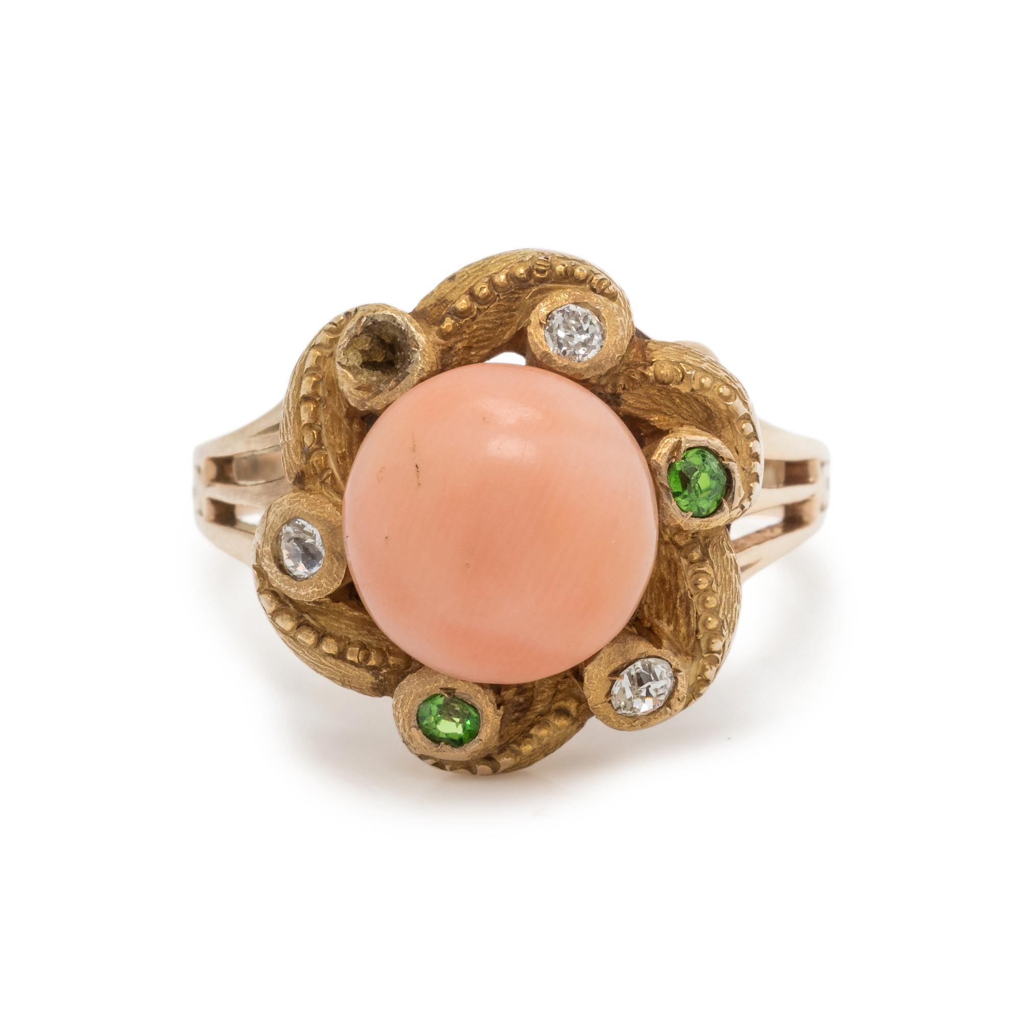 ANGEL SKIN CORAL, DIAMOND AND DEMANTOID GARNET RING
