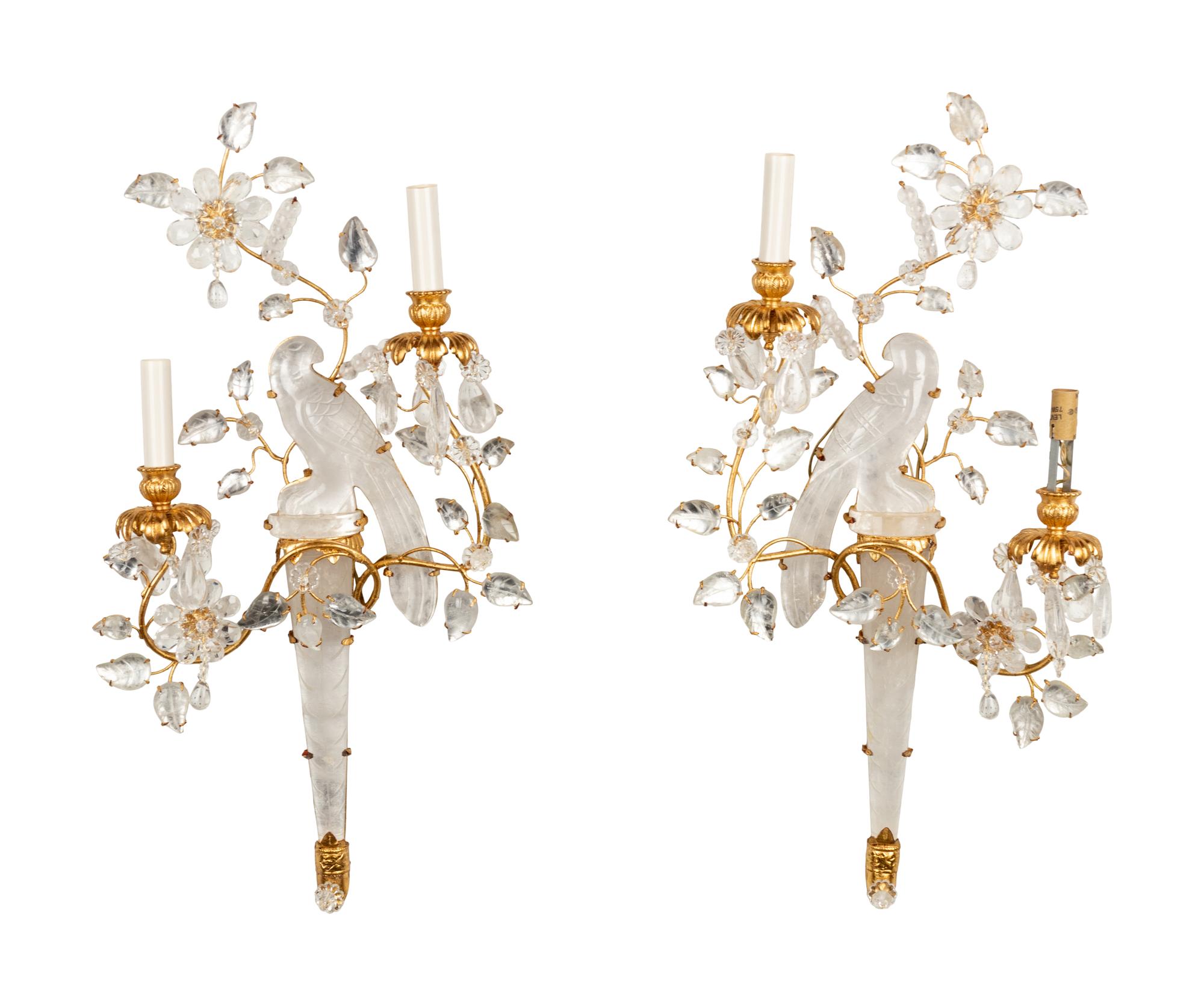 A Pair of Gilt Metal Mounted Rock Crystal Two-Light Sconces