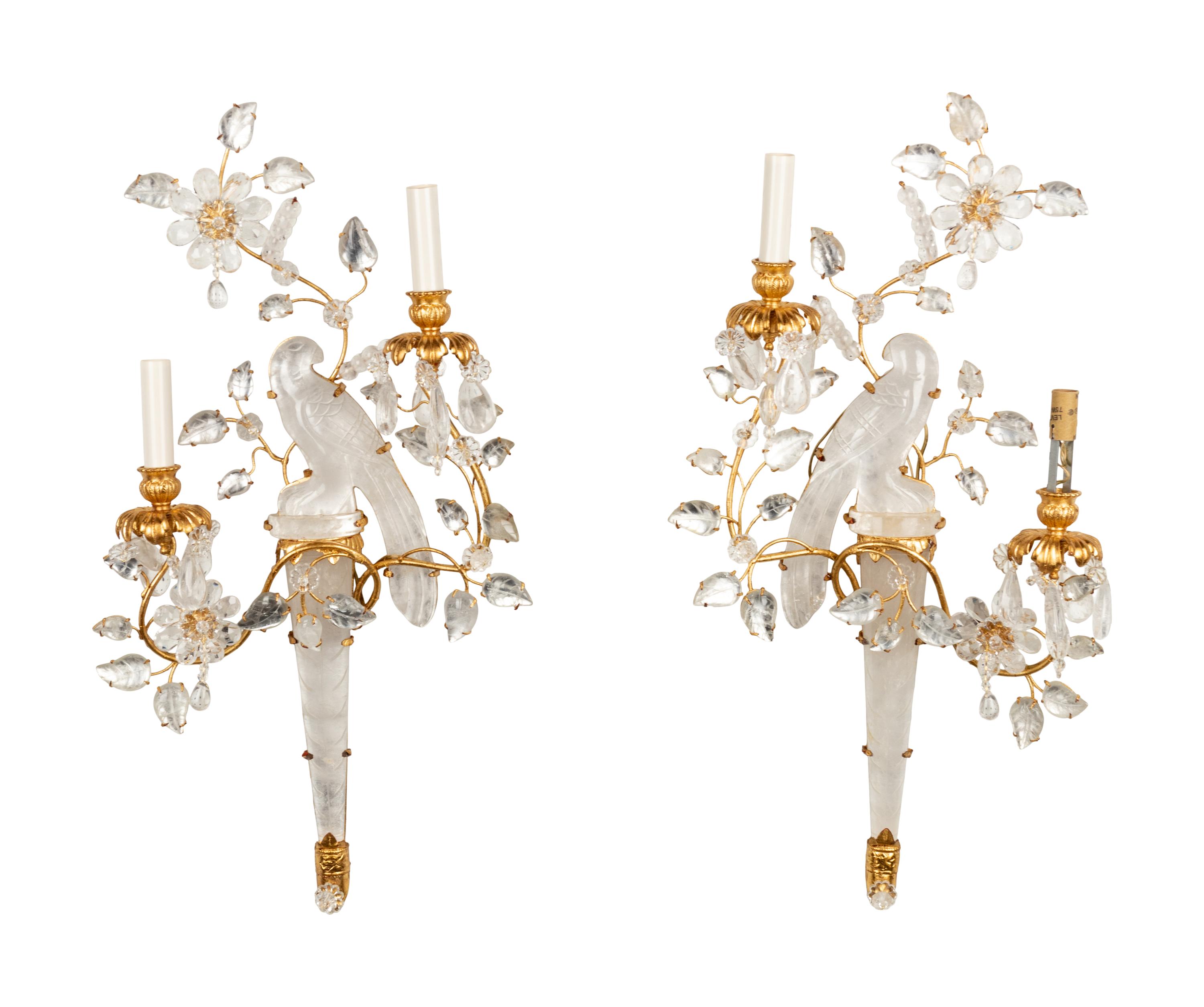 A Pair of Gilt Metal Mounted Rock Crystal Two-Light Sconces