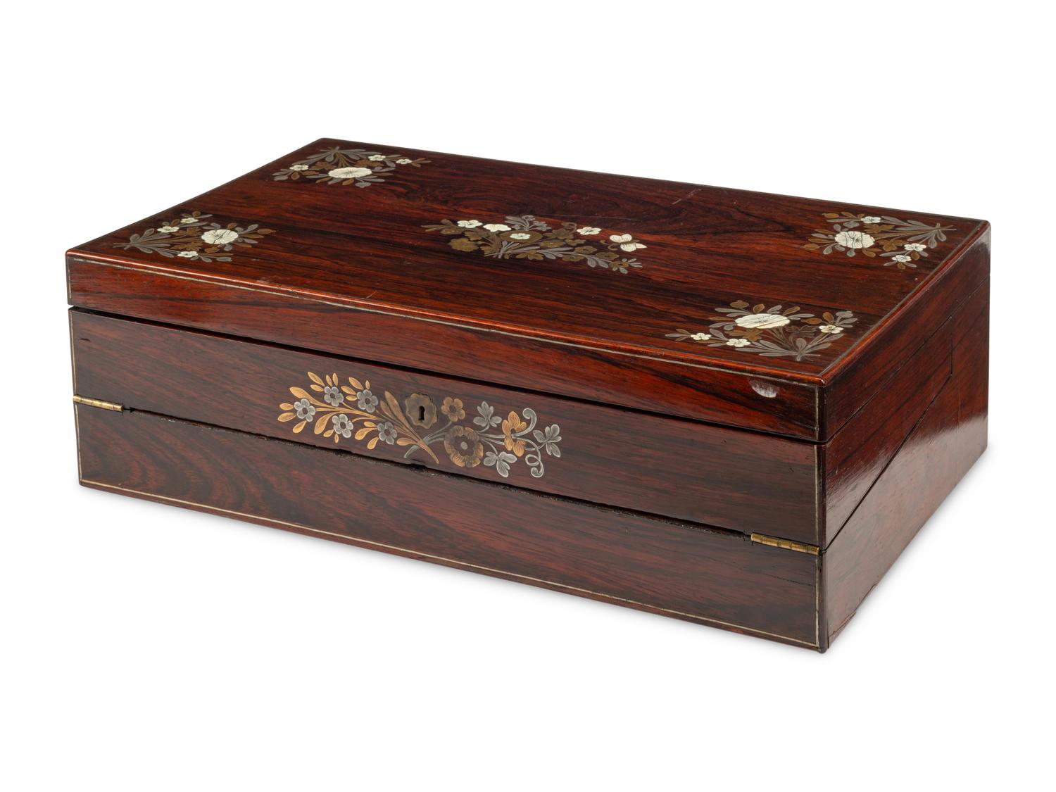 A Victorian Pewter, Rosewood and Mother-of-Pearl Inlaid Rosewood Writing Box