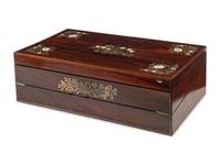 A Victorian Pewter, Rosewood and Mother-of-Pearl Inlaid Rosewood Writing Box