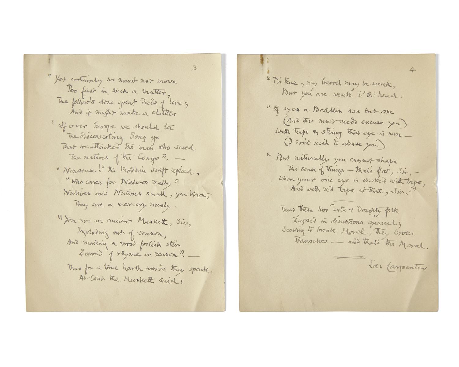 Carpenter, Edward. Autograph Manuscript for "The Ballad of the Bodkin & the Muskett"
