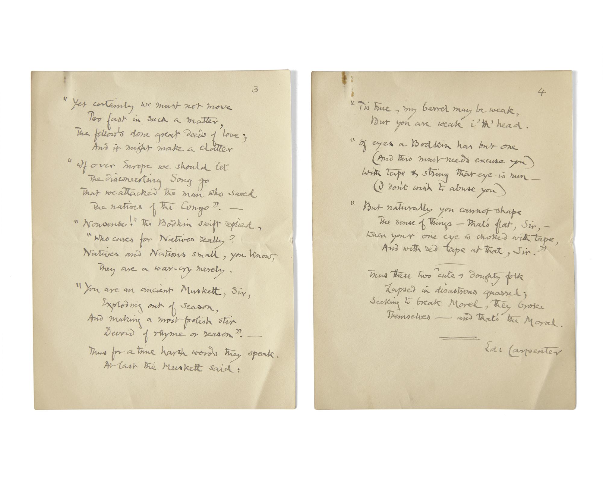 Carpenter, Edward. Autograph Manuscript for "The Ballad of the Bodkin & the Muskett"