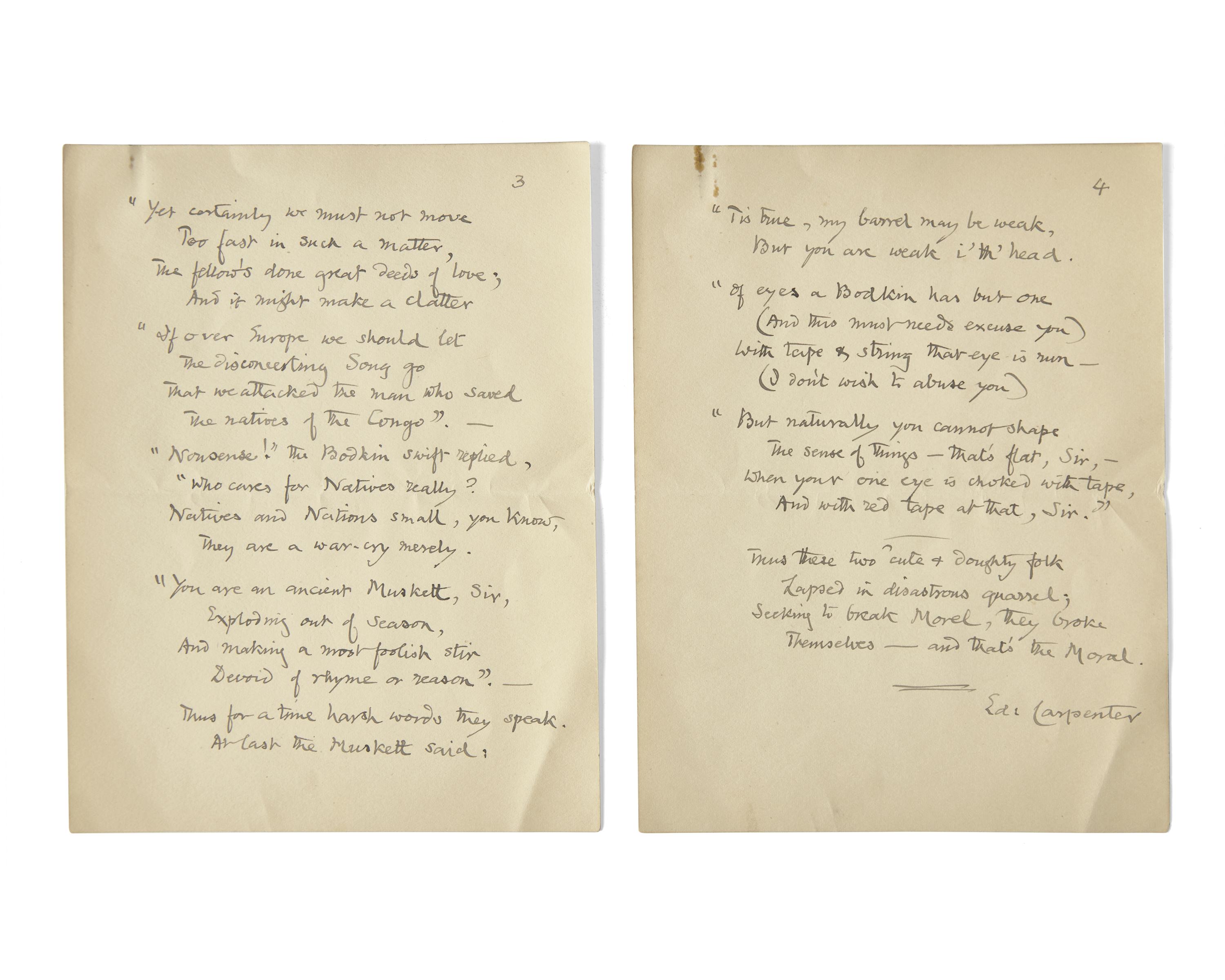 Carpenter, Edward. Autograph Manuscript for "The Ballad of the Bodkin & the Muskett"