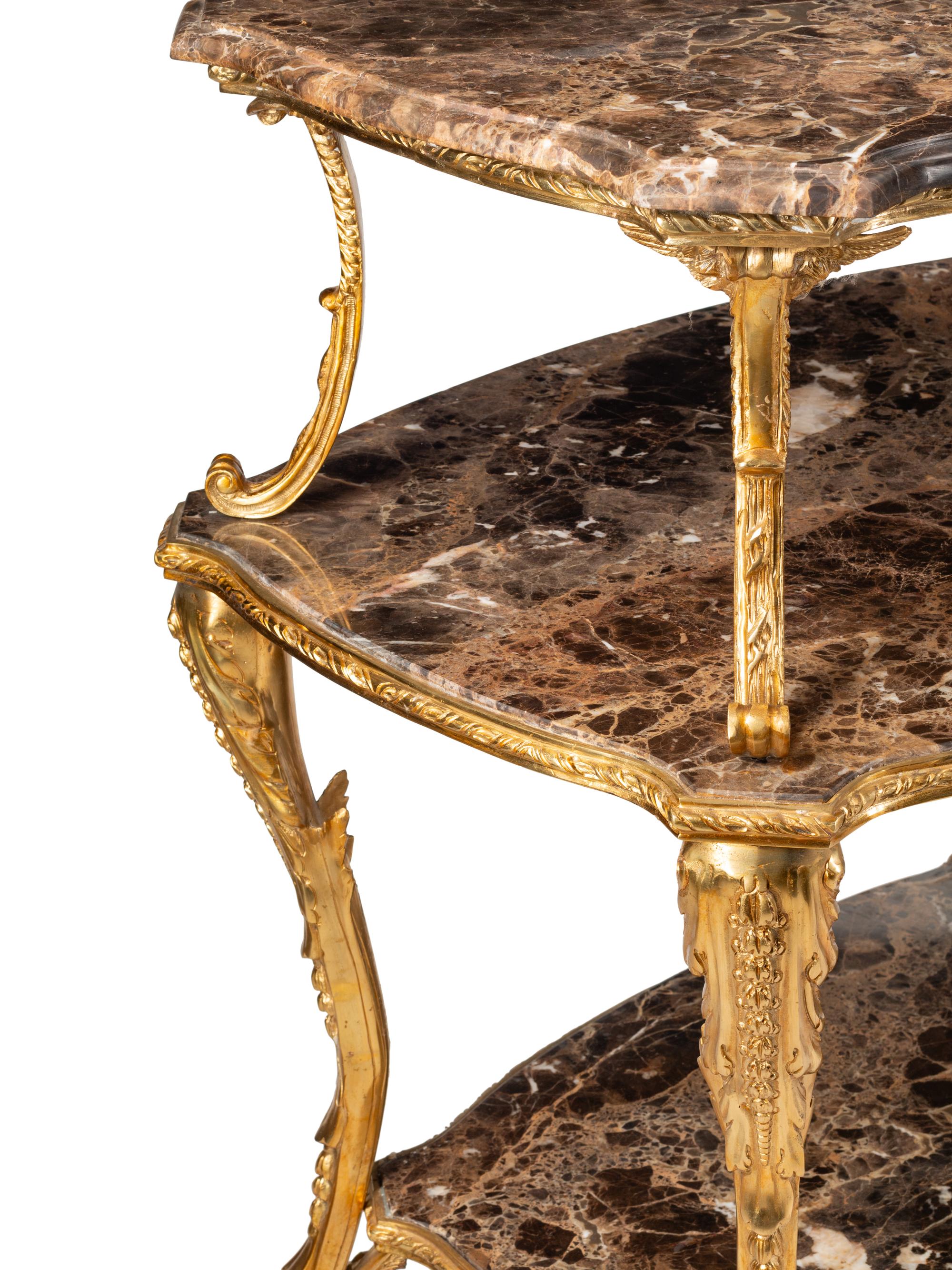 A Pair of Continental Gilt Bronze and Marble Three-Tier Serving Tables