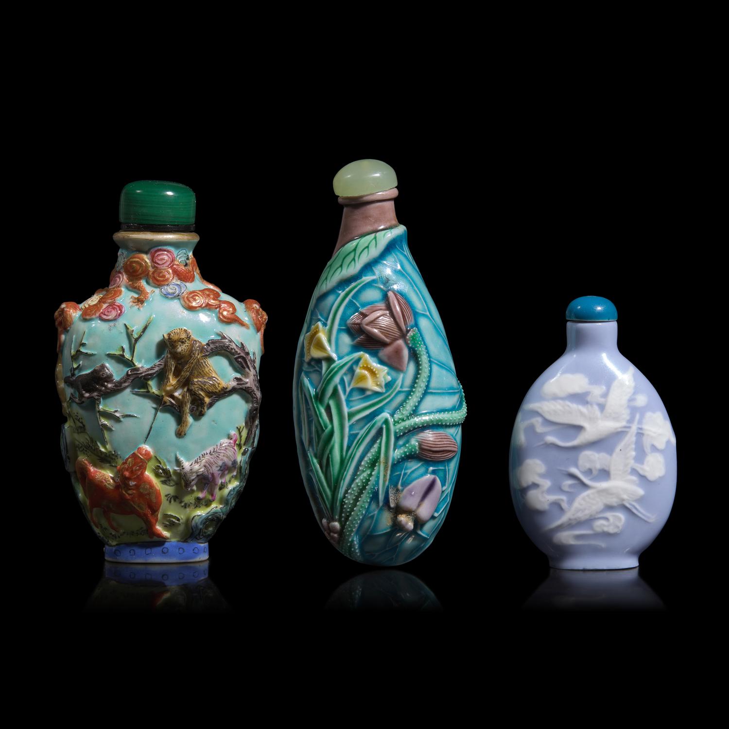 Three Chinese Porcelain Snuff Bottles, Late 19th-Early 20th Century