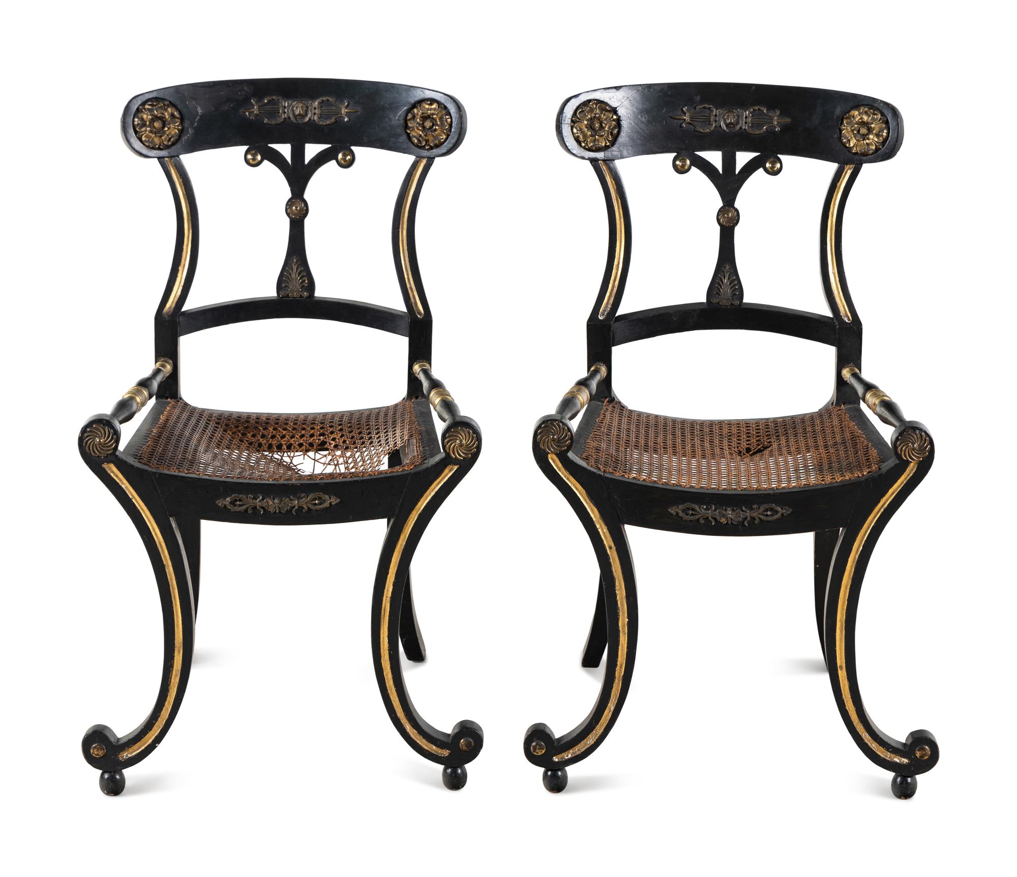 A Pair of Regency Dark Green-Painted and Parcel Gilt Side Chairs