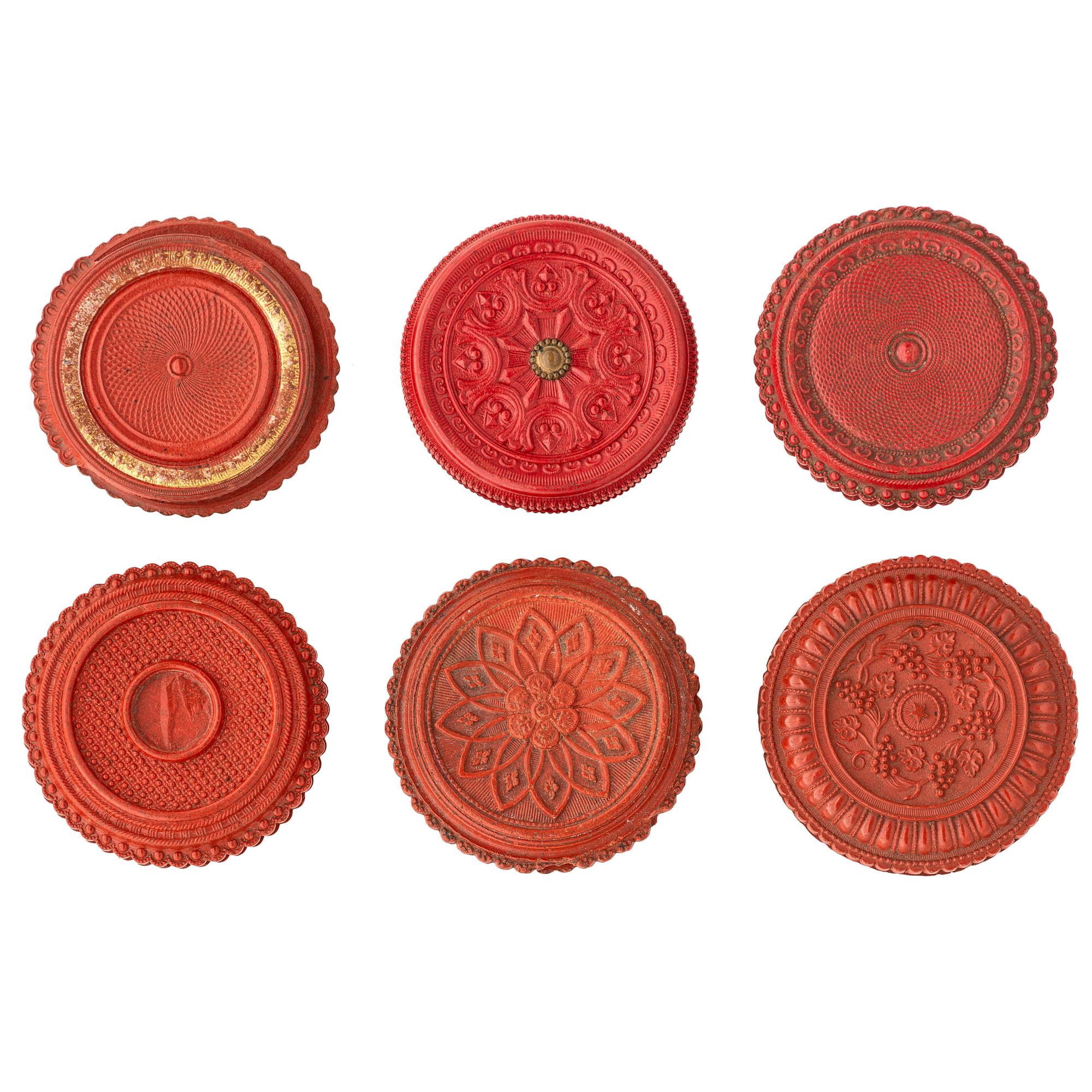 [EARLY PHOTOGRAPHY - UNION CASES]. A group of 6 assorted red "oreo" union cases, highlighted by very very rare floral example, including: