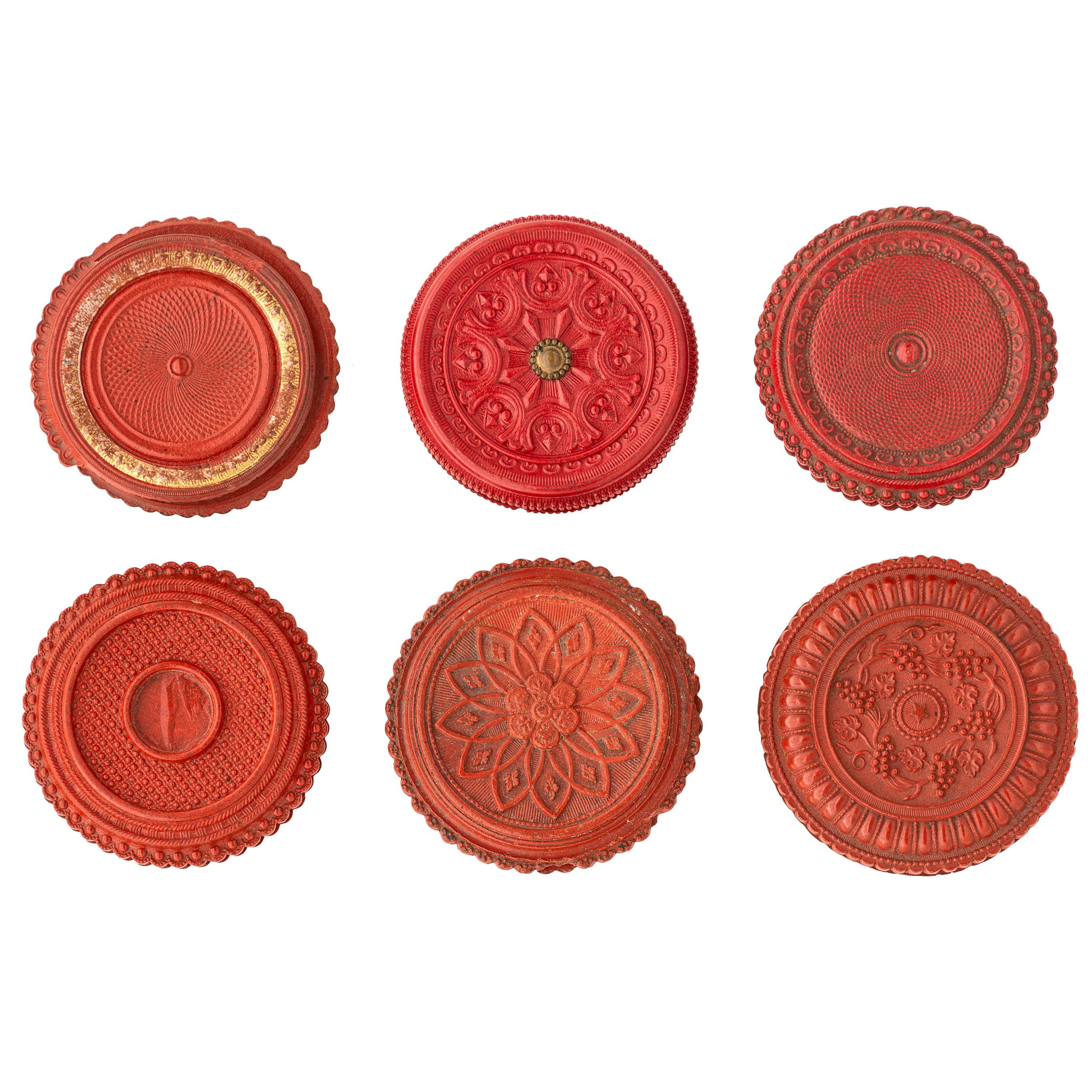 [EARLY PHOTOGRAPHY - UNION CASES]. A group of 6 assorted red "oreo" union cases, highlighted by very very rare floral example, including: