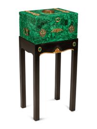 A Continental Jeweled Malachite Table Casket on Stand
