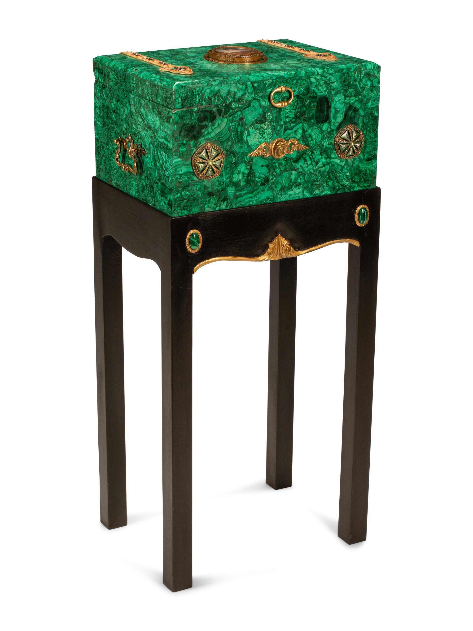 A Continental Jeweled Malachite Table Casket on Stand