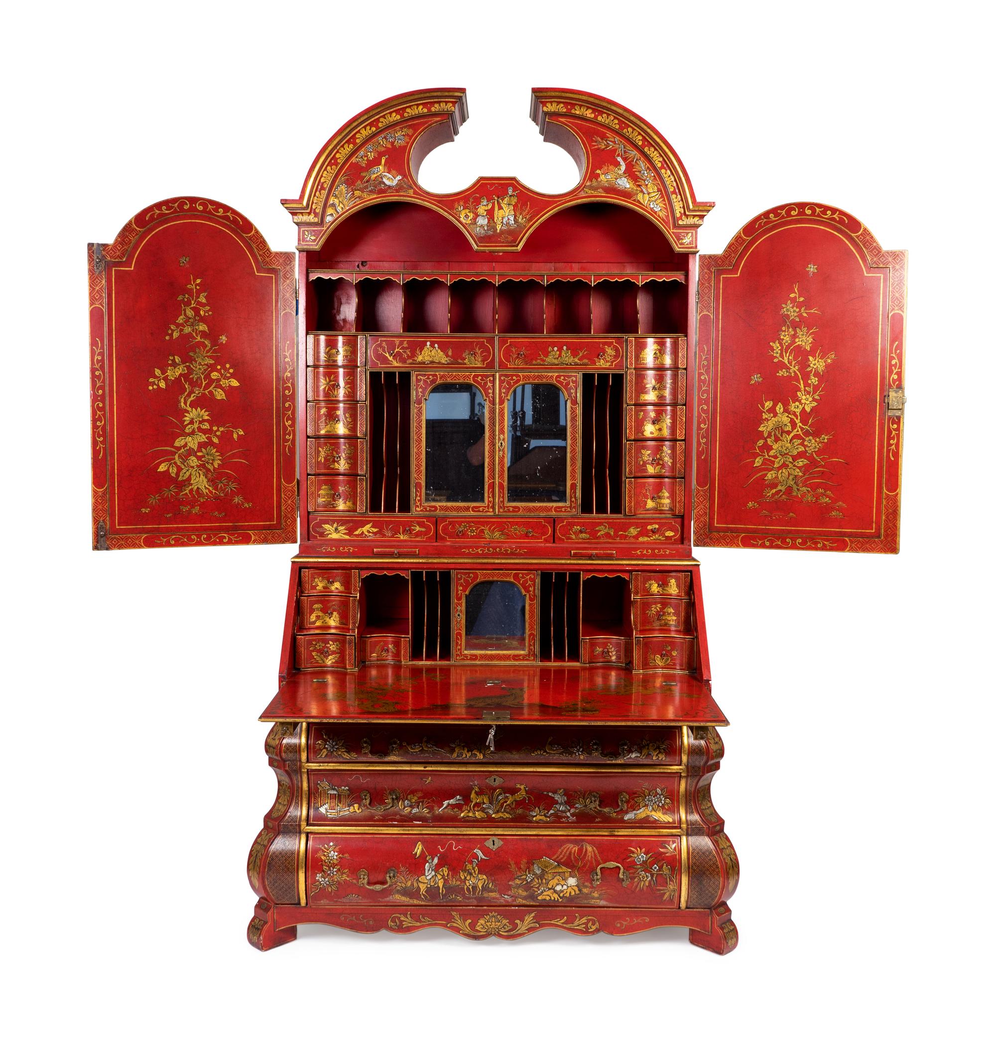 A George II Style Parcel-Gilt and Red Lacquer Chinoserie Secretary — 20TH CENTURY