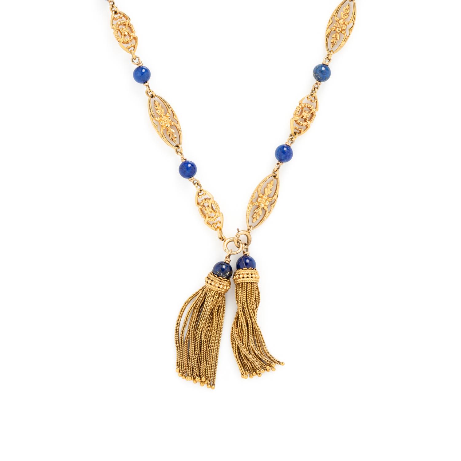 YELLOW GOLD AND LAPIS LAZULI TASSLE LONG CHAIN