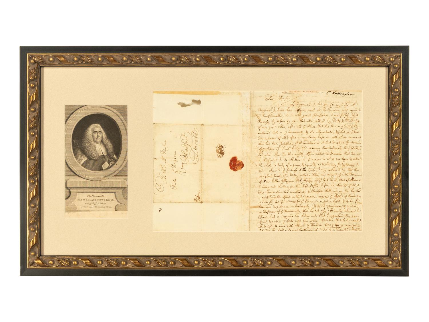 BLACKSTONE, William, Sir (1723-1780). Autograph letter signed ("Will Blackstone"), to George Bingham, 17 November 1748.