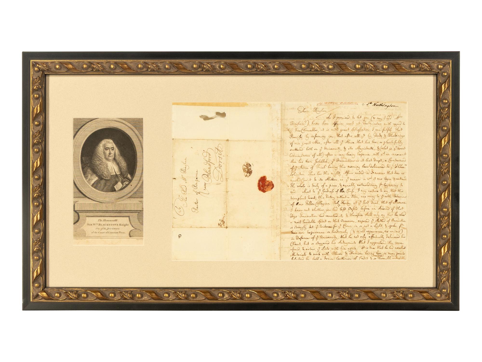 BLACKSTONE, William, Sir (1723-1780). Autograph letter signed ("Will Blackstone"), to George Bingham, 17 November 1748.