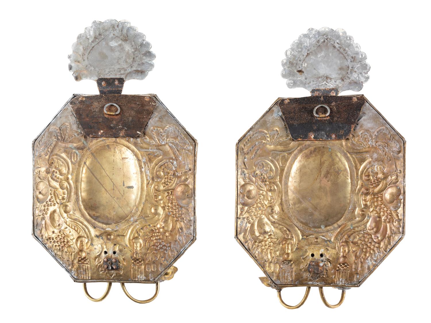 A Pair of Dutch Pressed Brass Two-Light Heart-and-Crown Wall Sconces