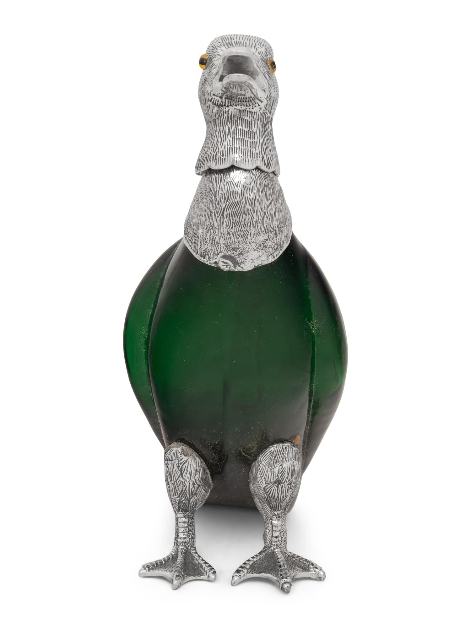 A Silver Plate and Green Glass Duck Decanter
