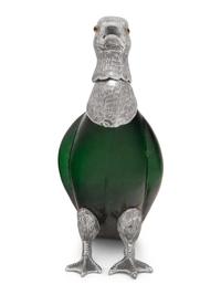 A Silver Plate and Green Glass Duck Decanter