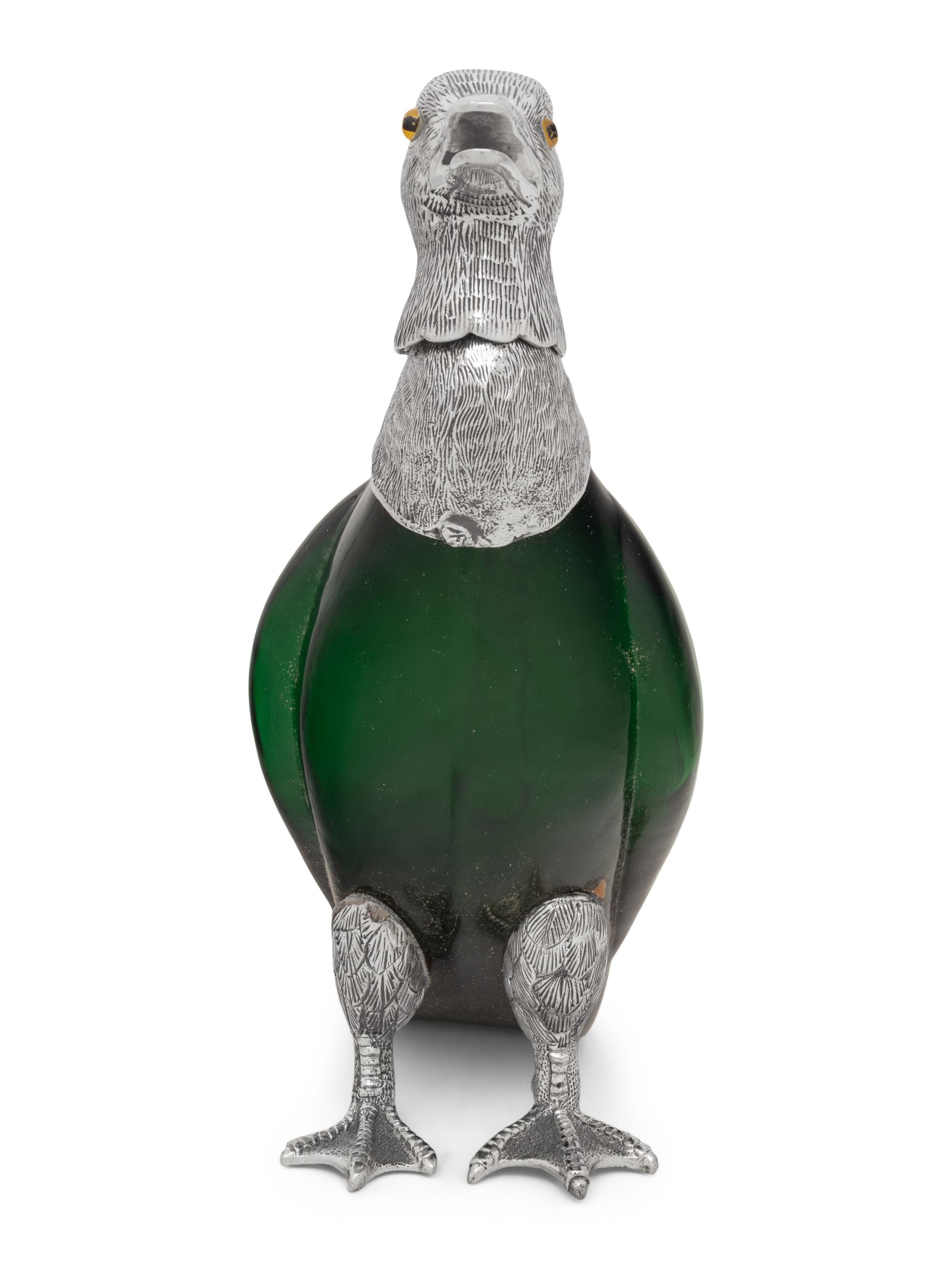 A Silver Plate and Green Glass Duck Decanter