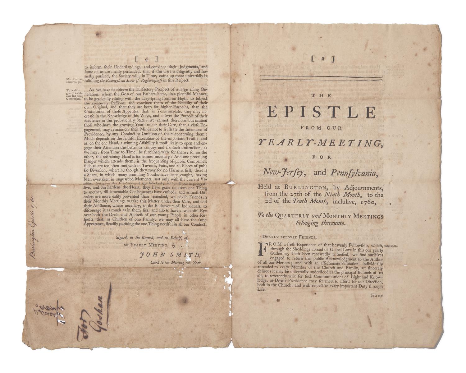 [Americana] [Franklin, Benjamin] Smith, John. The Epistle From Our Yearly-Meeting, for New-Jersey, and Pennsylvania...from the 27th of the Ninth Month, to the 2d of the Tenth Month, inclusive, 1760...