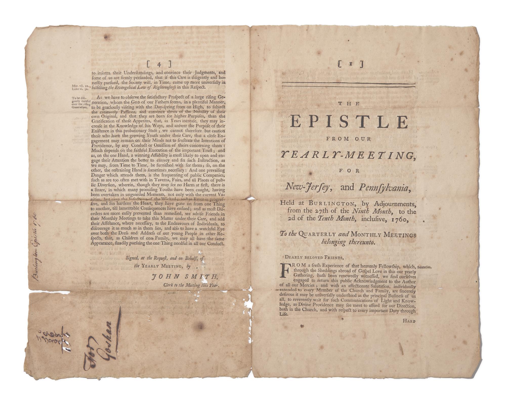 [Americana] [Franklin, Benjamin] Smith, John. The Epistle From Our Yearly-Meeting, for New-Jersey, and Pennsylvania...from the 27th of the Ninth Month, to the 2d of the Tenth Month, inclusive, 1760...