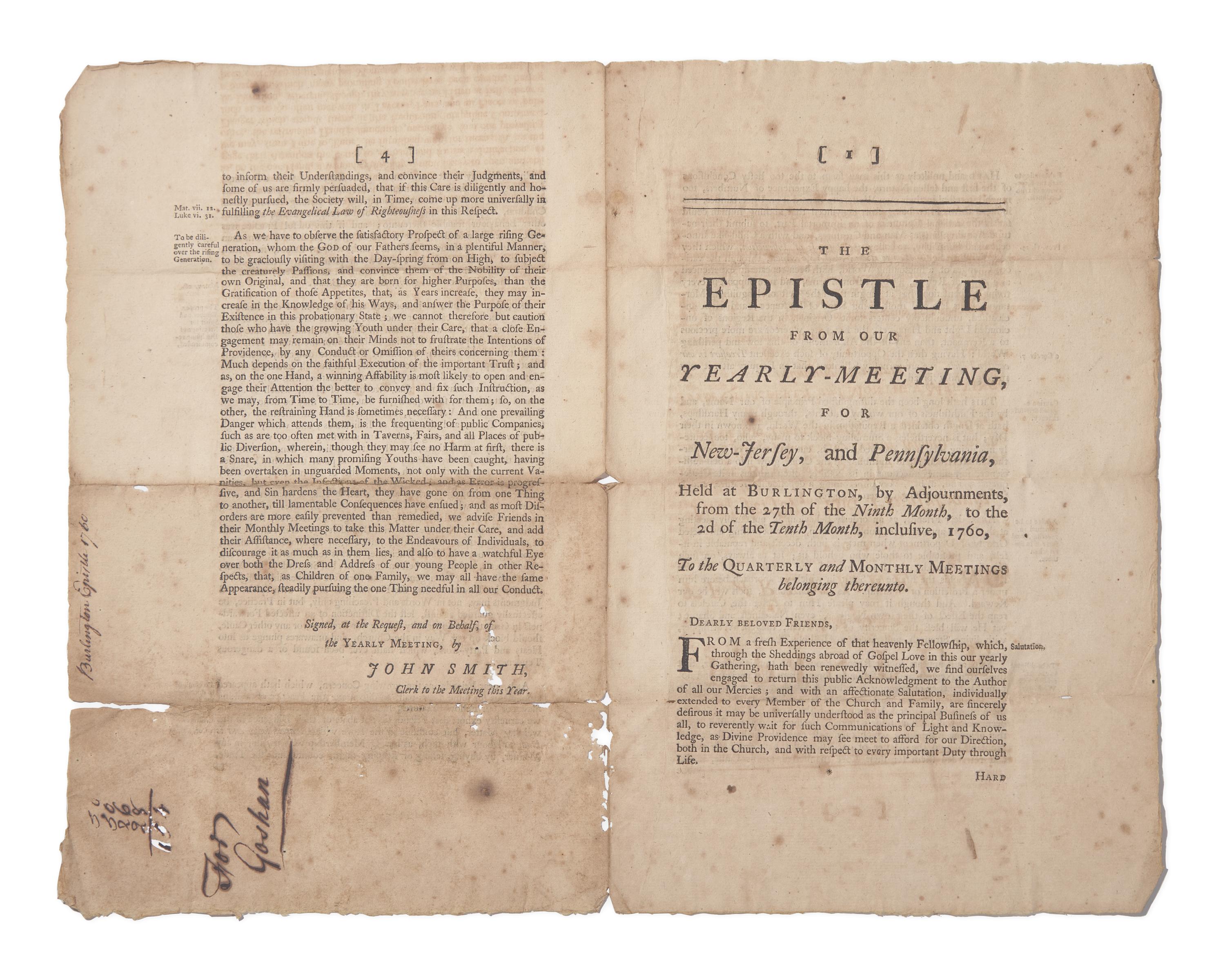 [Americana] [Franklin, Benjamin] Smith, John. The Epistle From Our Yearly-Meeting, for New-Jersey, and Pennsylvania...from the 27th of the Ninth Month, to the 2d of the Tenth Month, inclusive, 1760...
