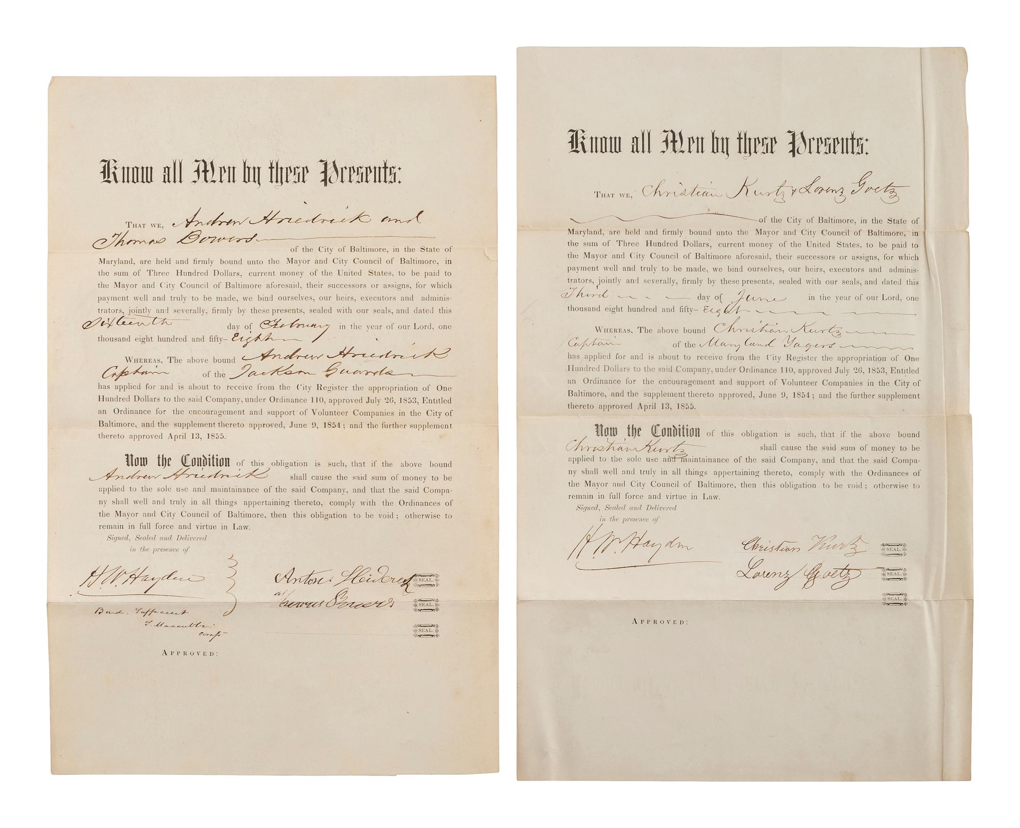 [CIVIL WAR-MARYLAND]. Applications for support & pre-war bonds of appropriations for miltias.